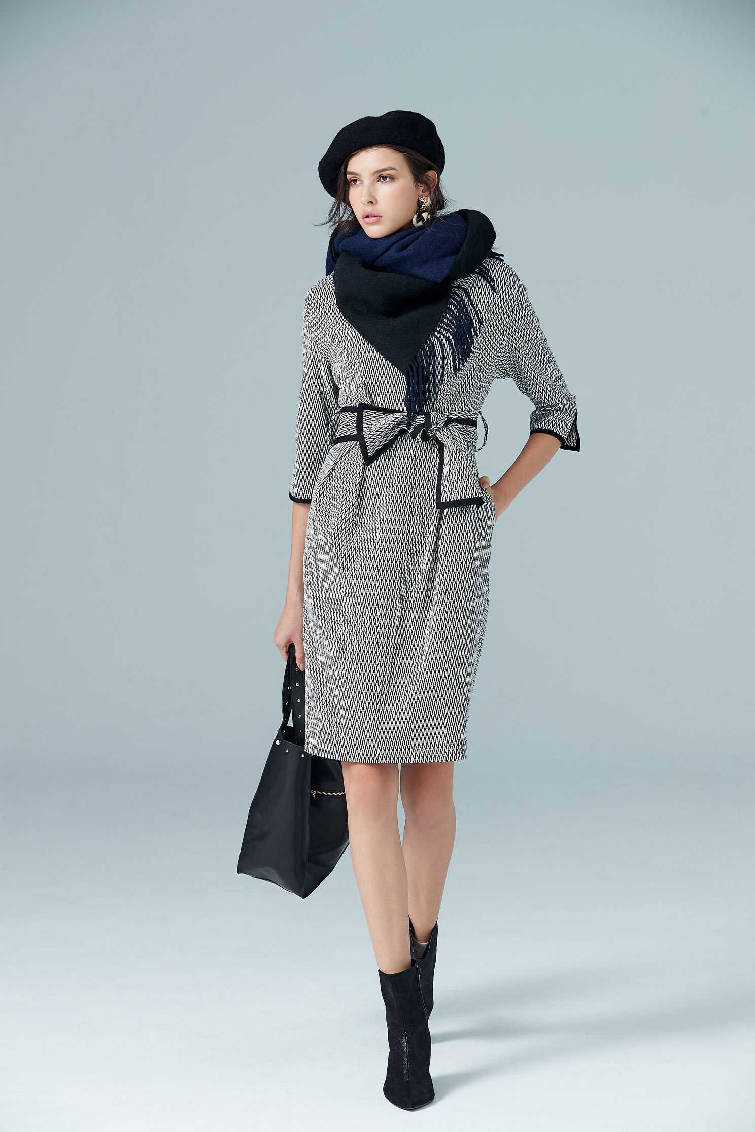 Houndstooth dress,V-neck dress,長袖洋裝
