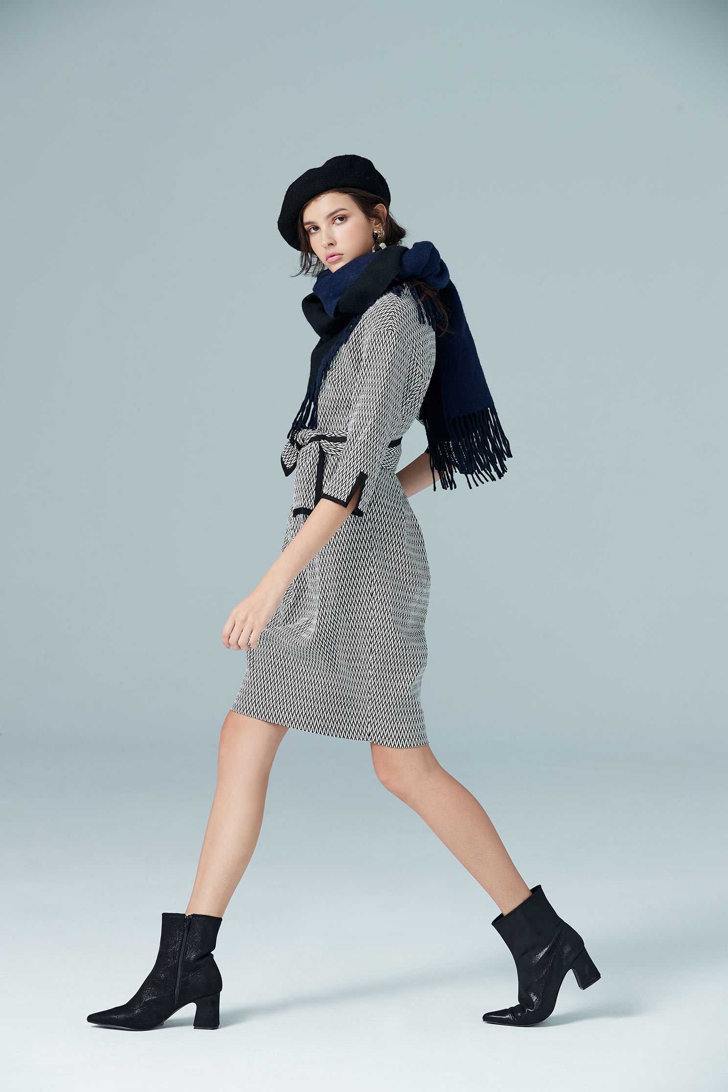 Houndstooth dress,V-neck dress,長袖洋裝