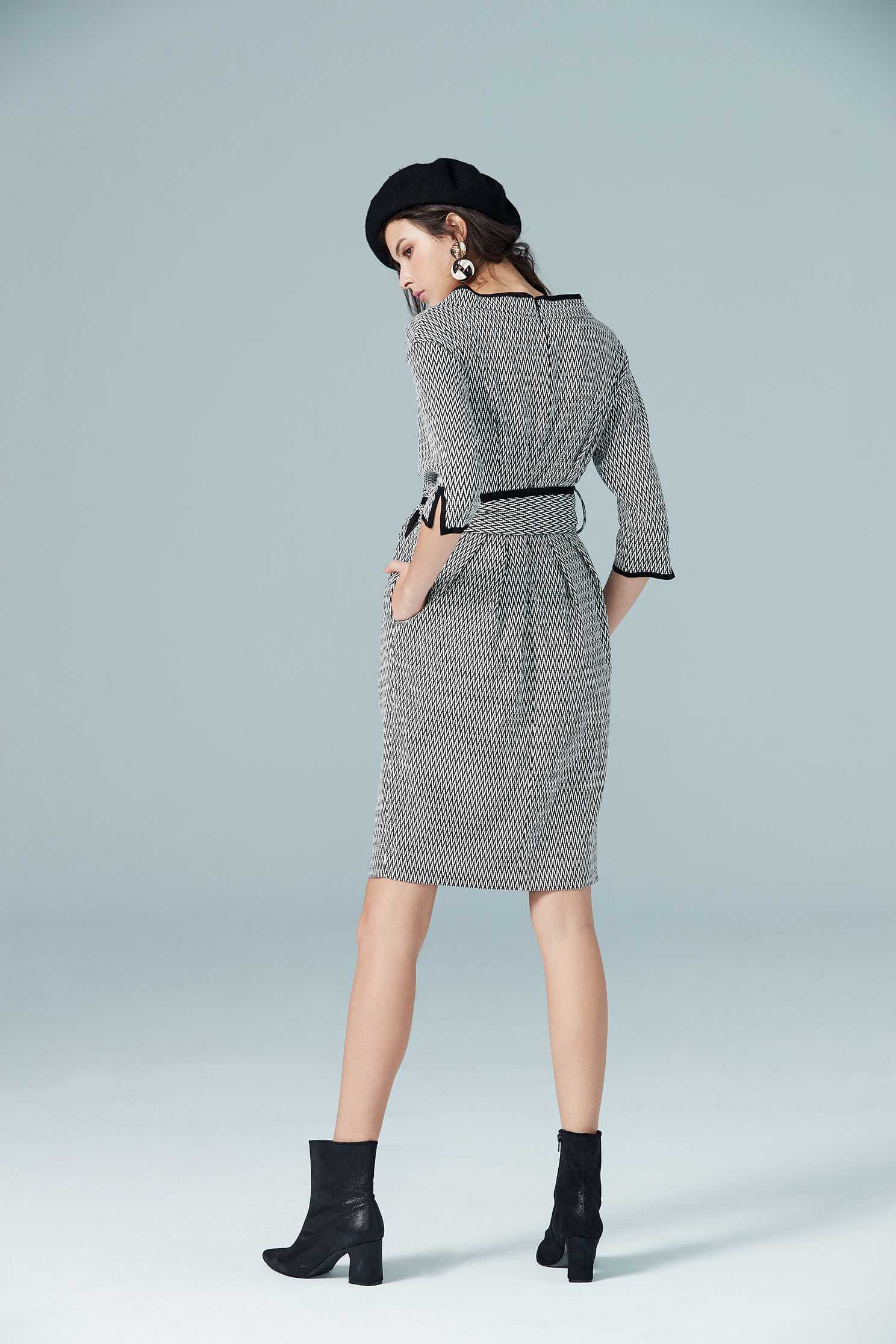Houndstooth dress,V-neck dress,長袖洋裝