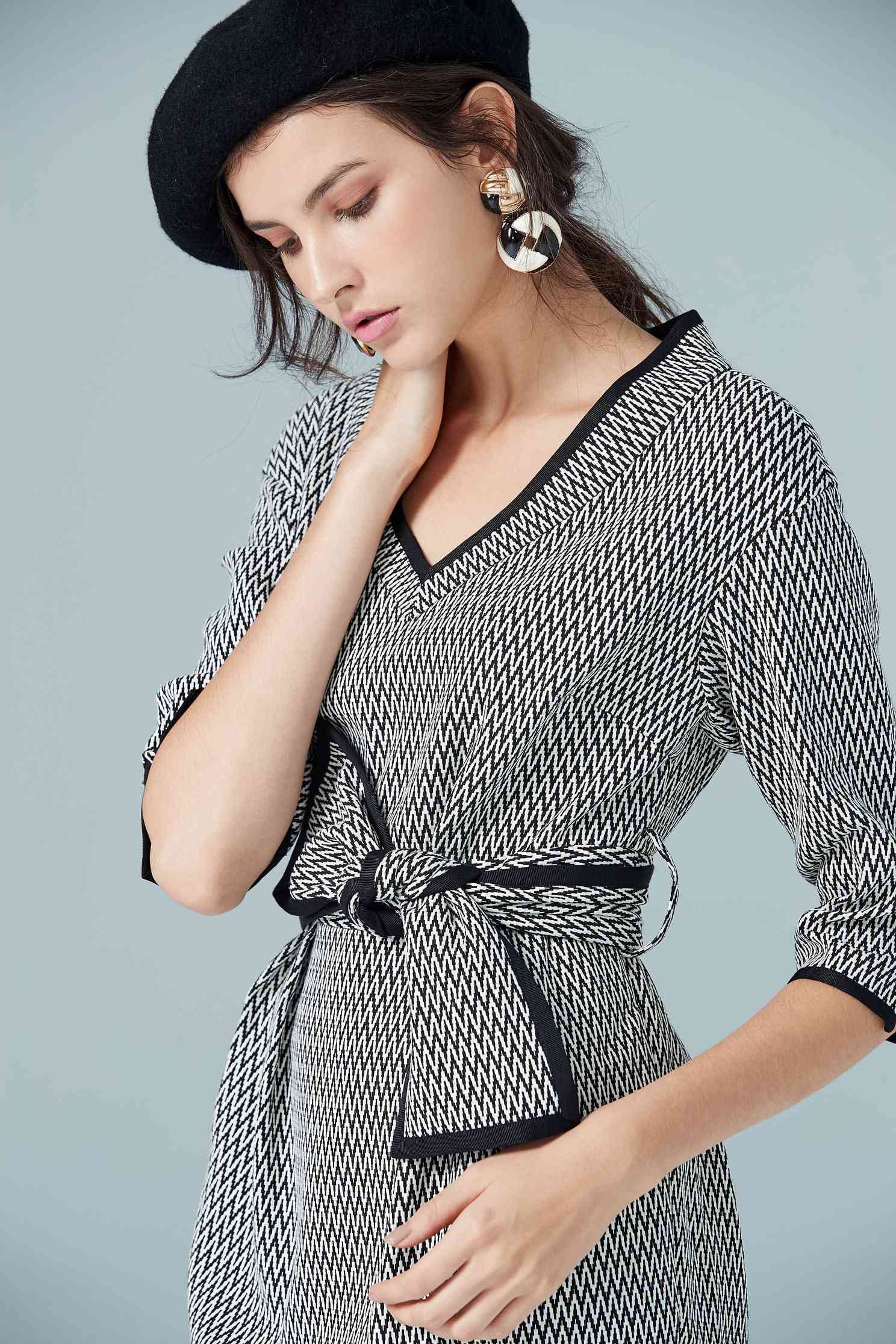 Houndstooth dress,V-neck dress,長袖洋裝