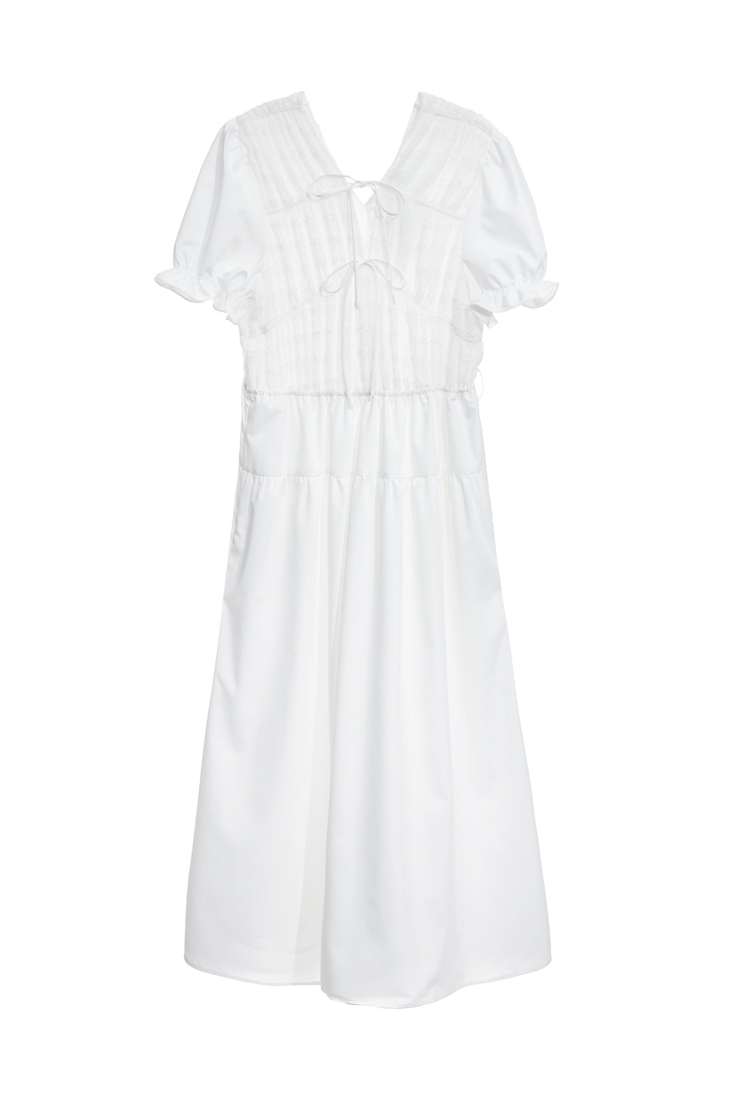 抽皺蕾射簍空花洋裝Pleated Detail Short Sleeve White Dress,一般洋裝,春夏穿搭,白色洋裝