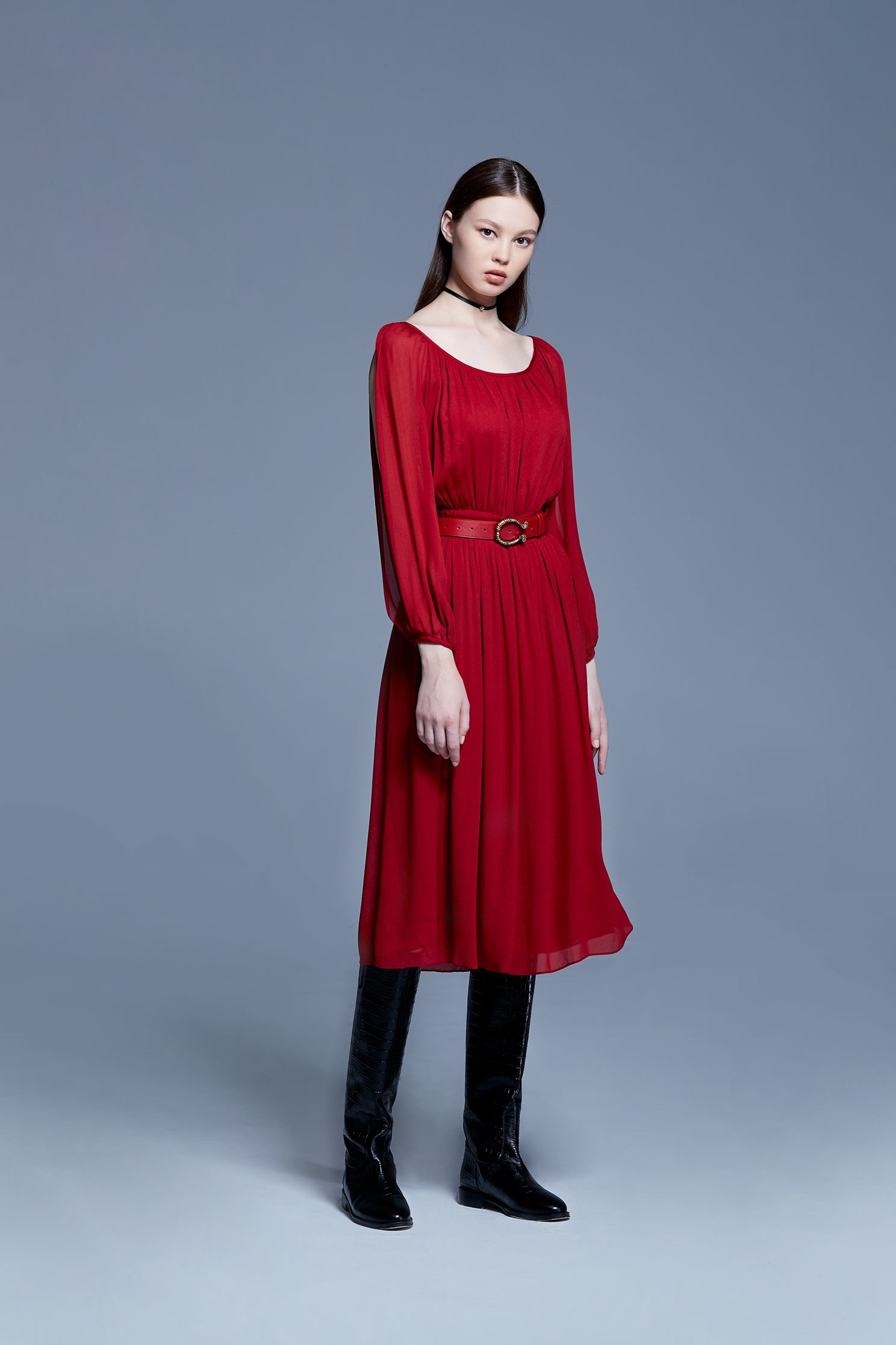 Velvet-like chiffon dress,U-neck dress,Dress,Cocktail Dress,透膚洋裝,長袖洋裝,Chiffon,Chiffon Dress