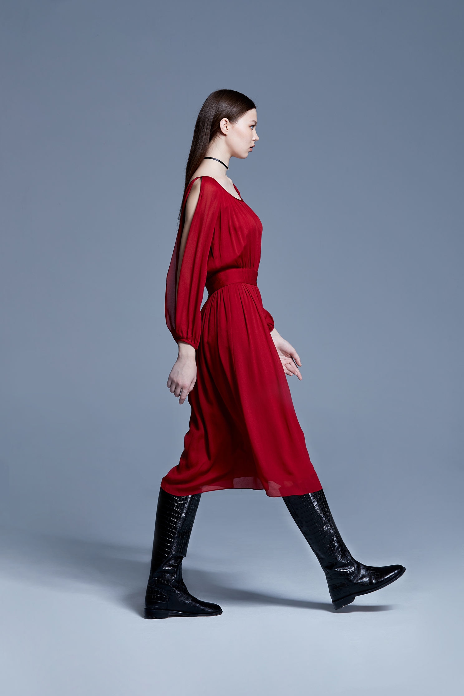 Velvet-like chiffon dress,U-neck dress,Dress,Cocktail Dress,透膚洋裝,長袖洋裝,Chiffon,Chiffon Dress