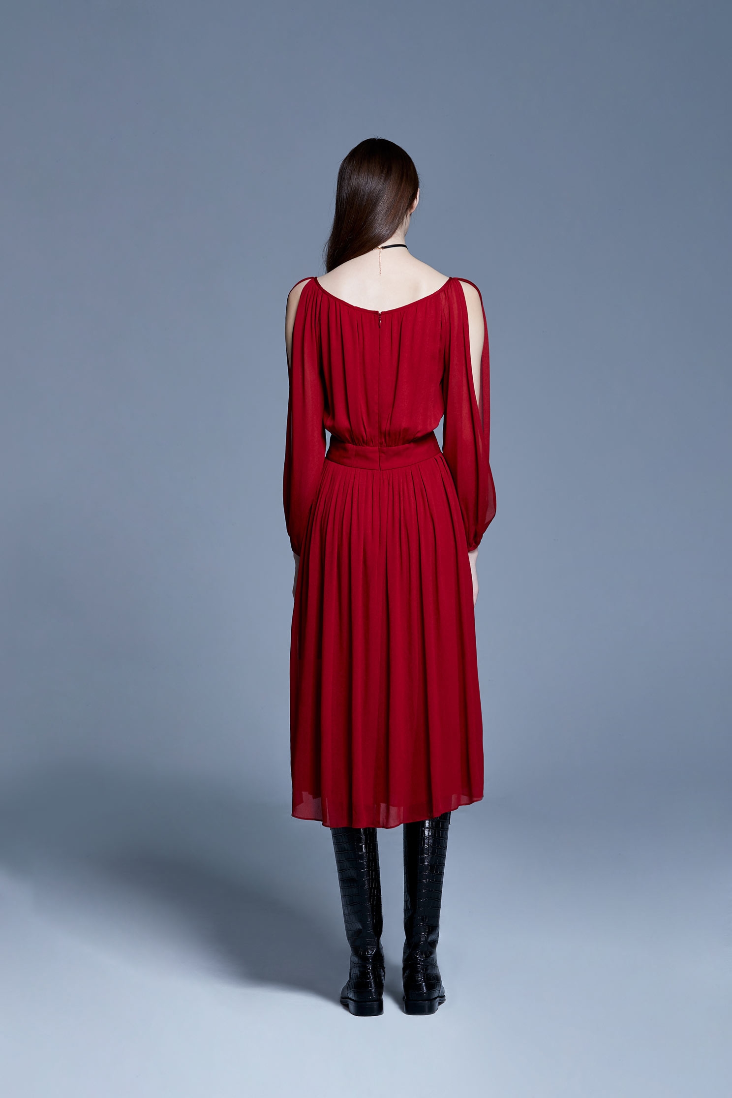 Velvet-like chiffon dress,U-neck dress,Dress,Cocktail Dress,透膚洋裝,長袖洋裝,Chiffon,Chiffon Dress