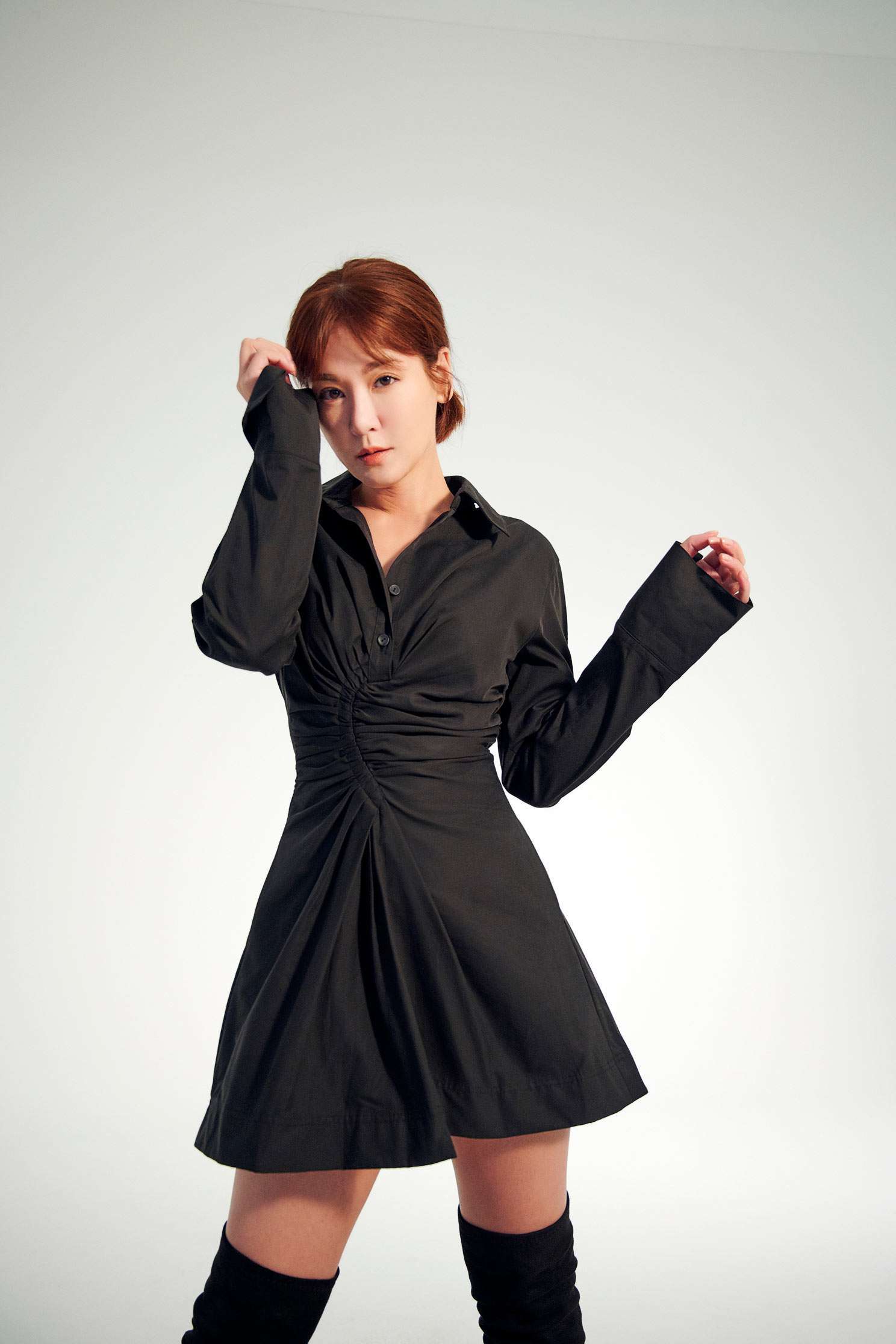 Black waistshirt dress,v-neckdress,cocktaildress,blouse,longsleevedress