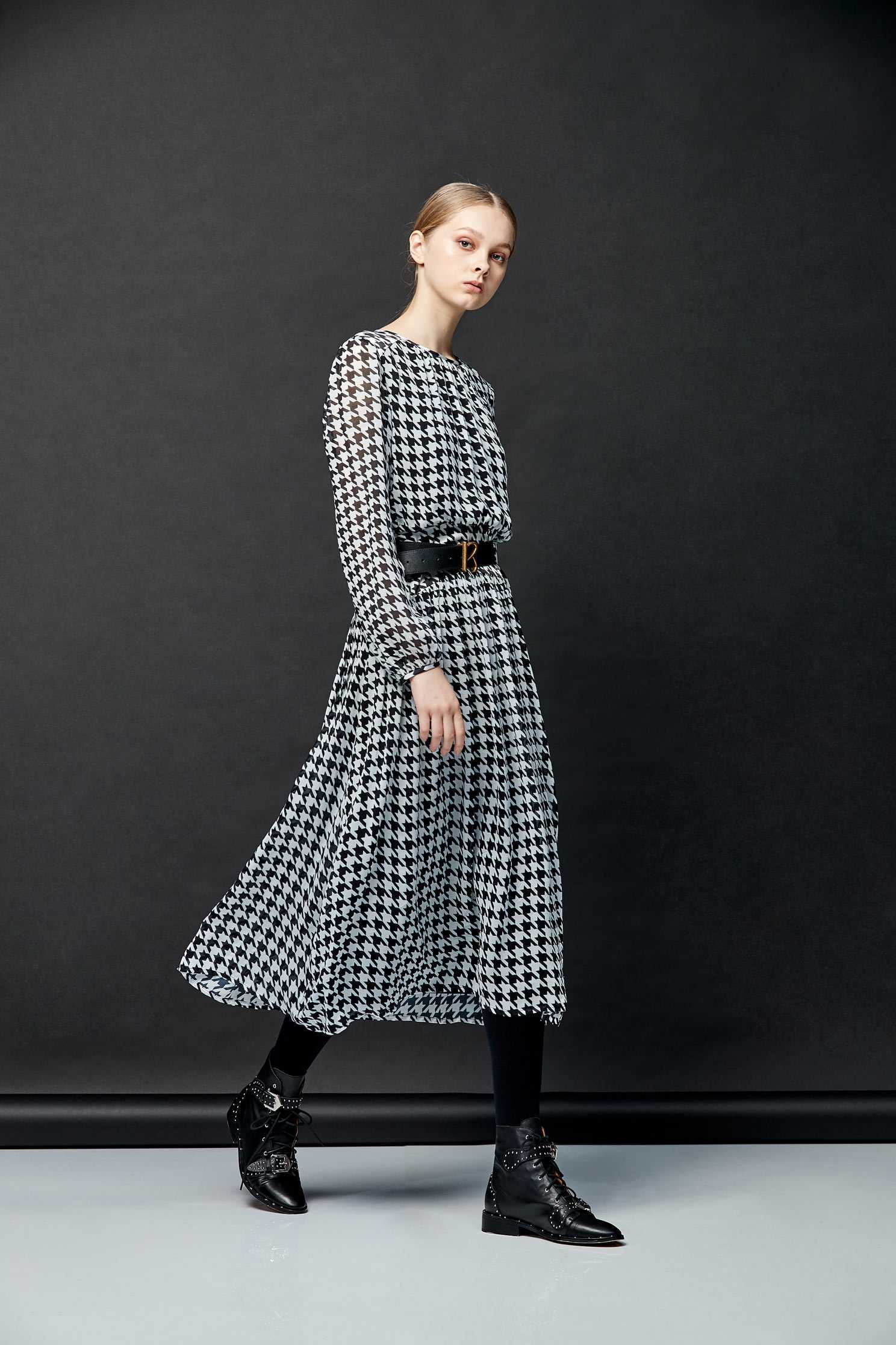 Houndstooth mixing dress,dress,cocktaildress,i-select,longsleevedress,chiffon,chiffondress