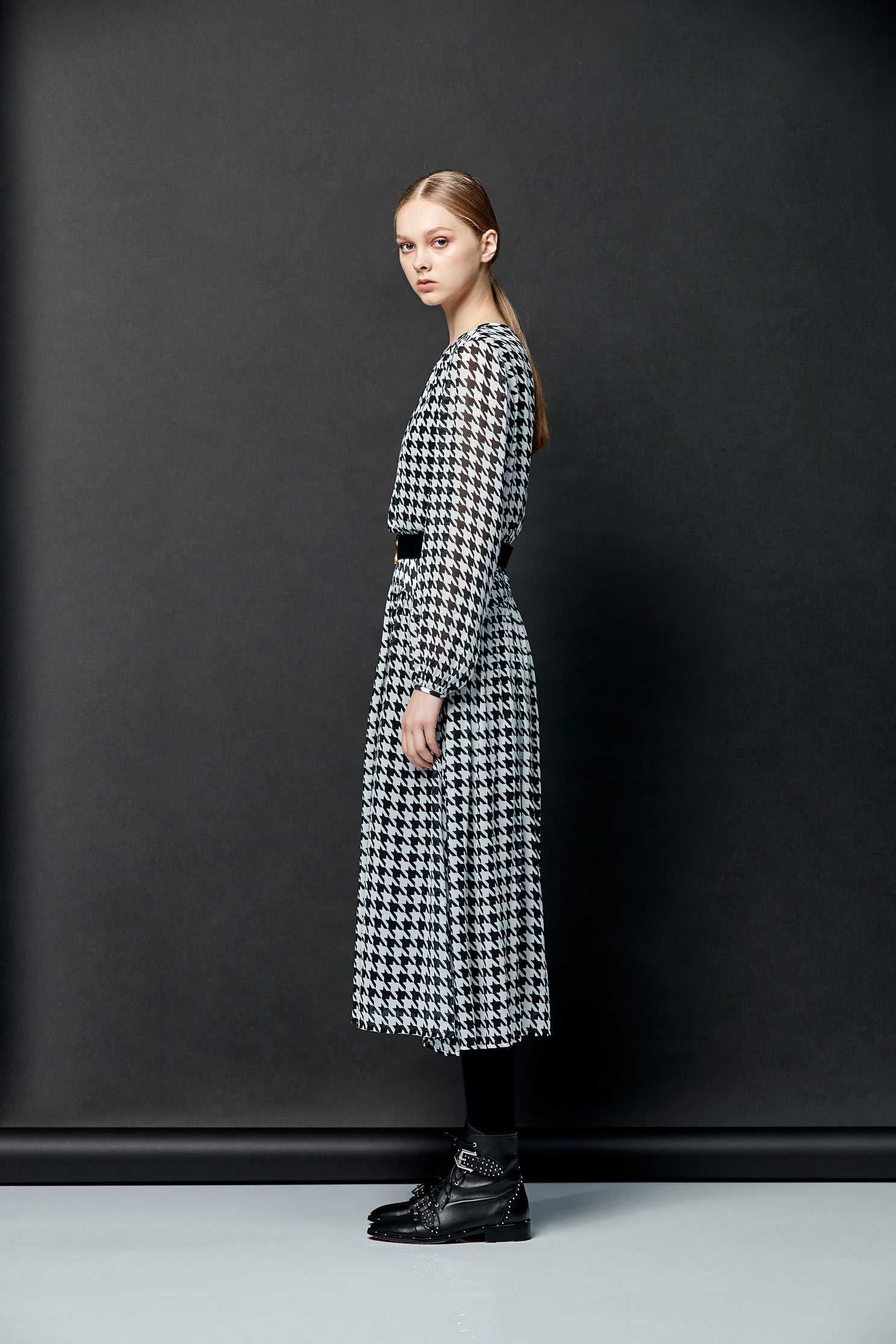 Houndstooth mixing dress,dress,cocktaildress,i-select,longsleevedress,chiffon,chiffondress