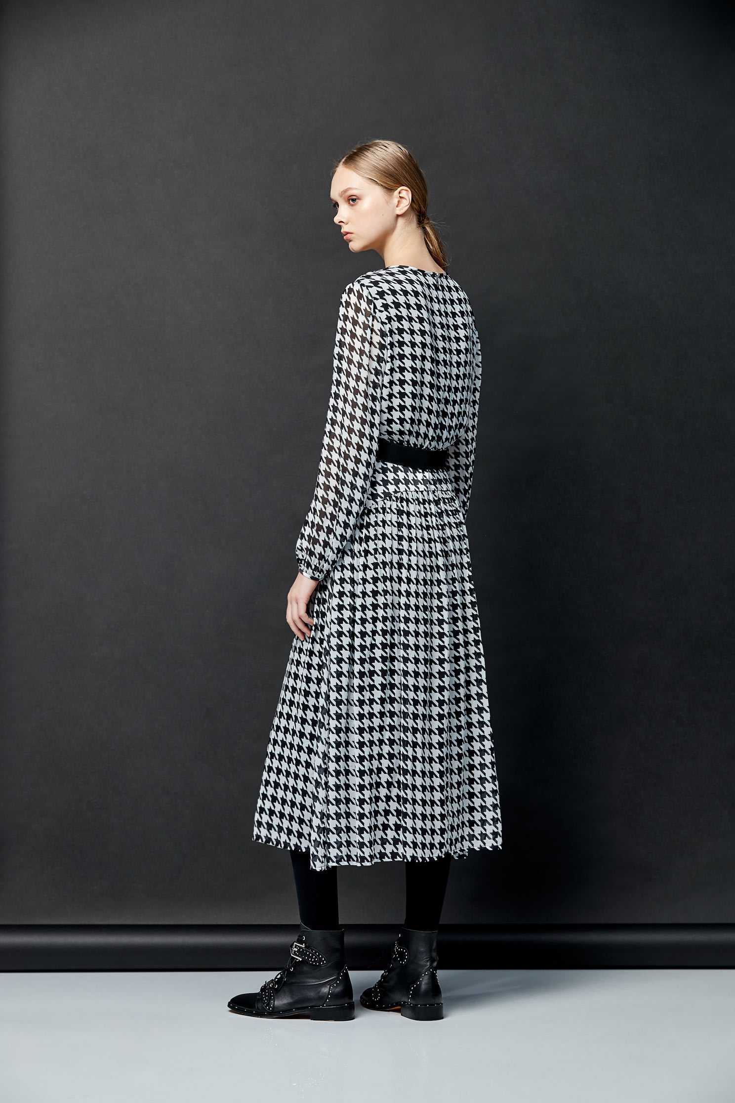 Houndstooth mixing dress,dress,cocktaildress,i-select,longsleevedress,chiffon,chiffondress