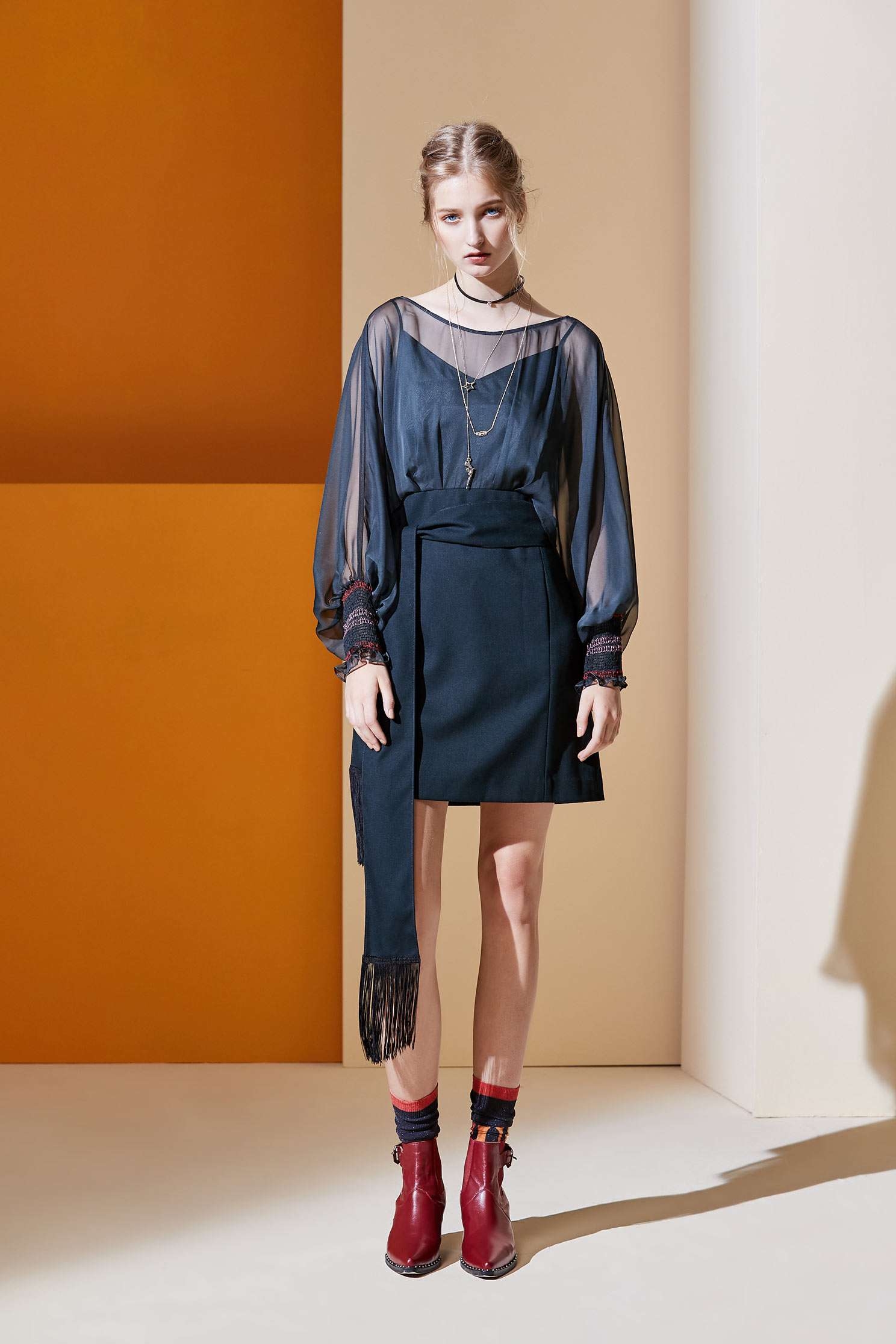 Ink-green tassal strap dress,dress,spaghettistrapdress,perspectivedress,longsleevedress
