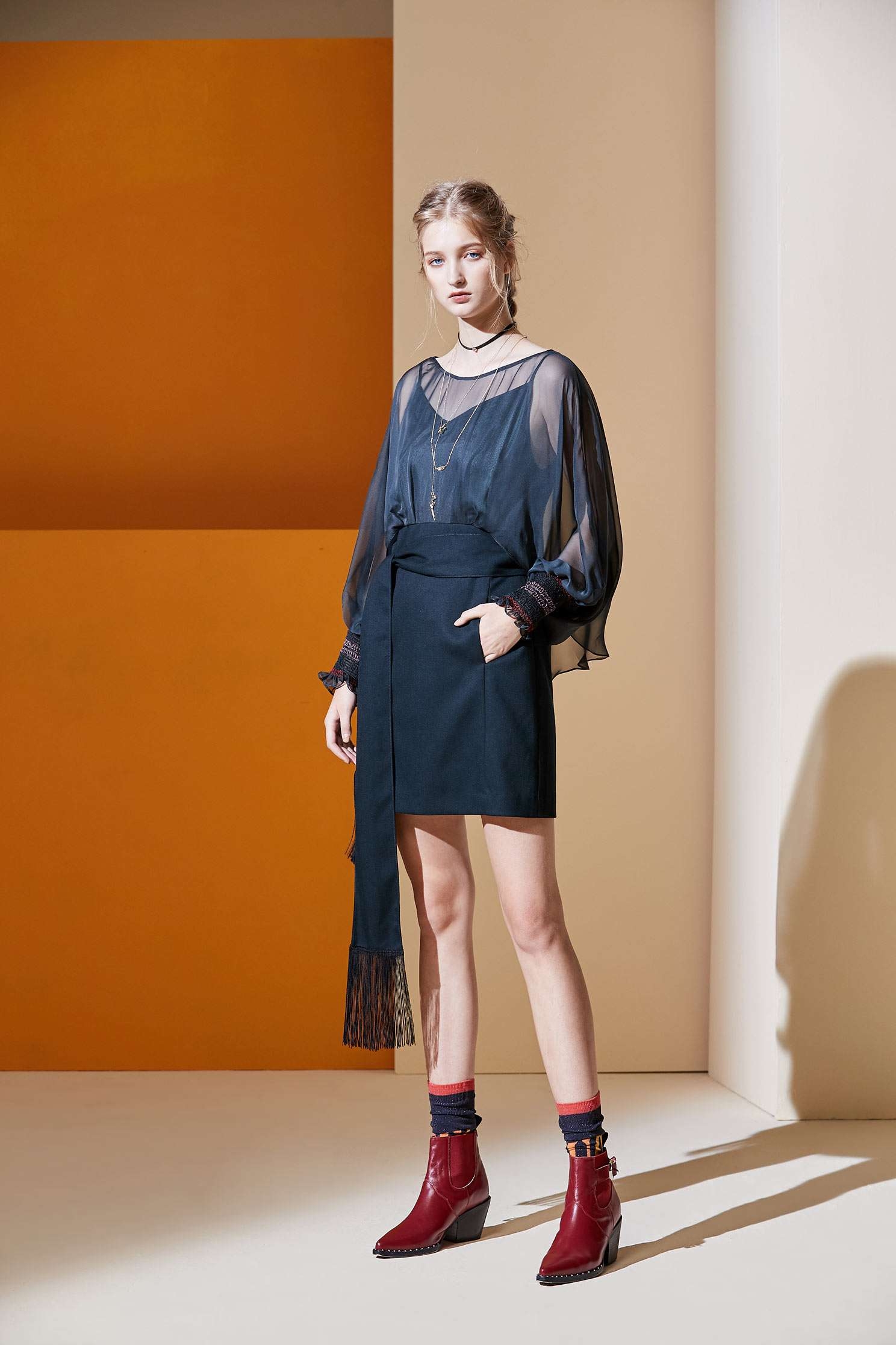 Ink-green tassal strap dress,dress,spaghettistrapdress,perspectivedress,longsleevedress