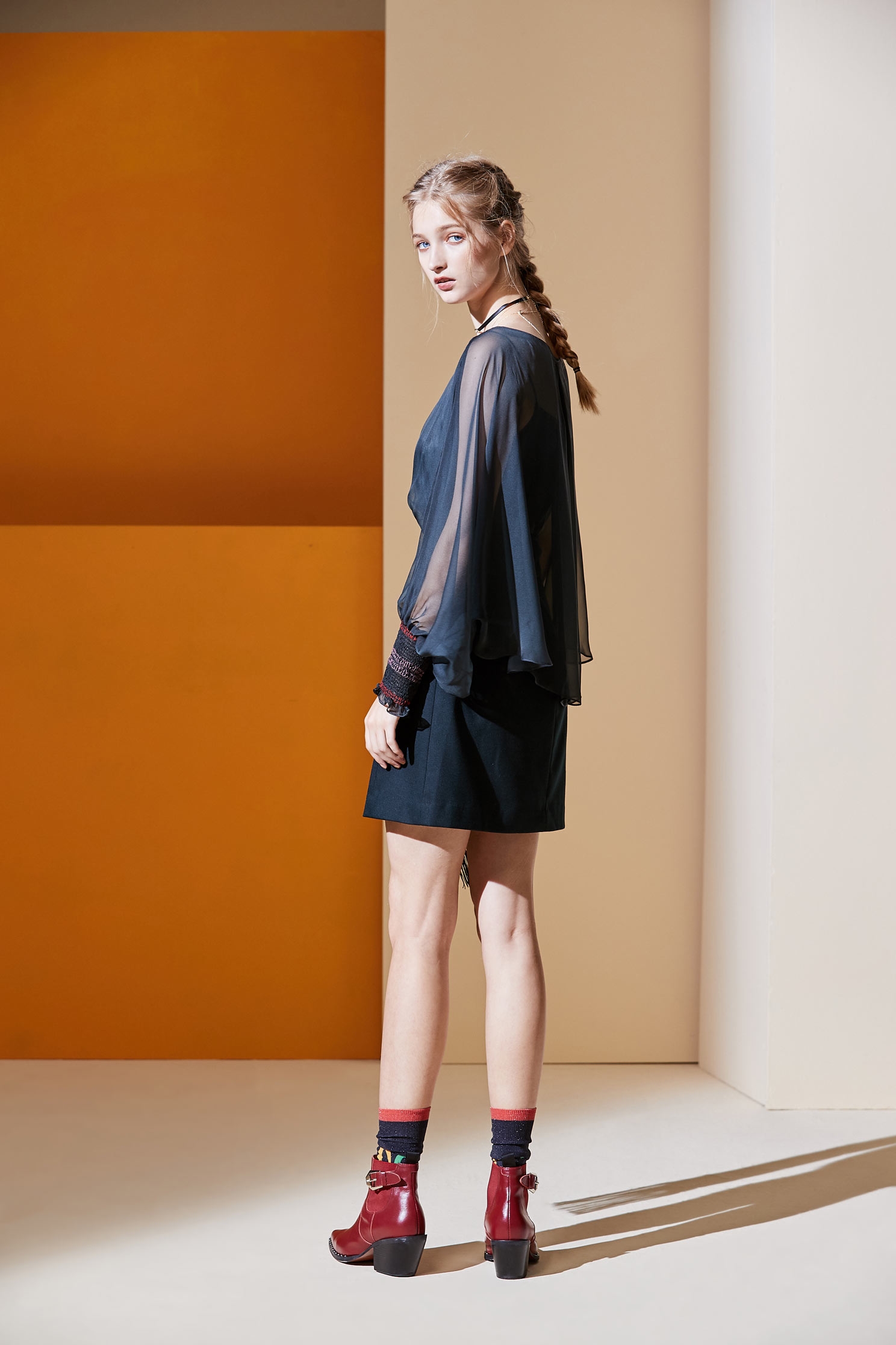 Ink-green tassal strap dress,dress,spaghettistrapdress,perspectivedress,longsleevedress
