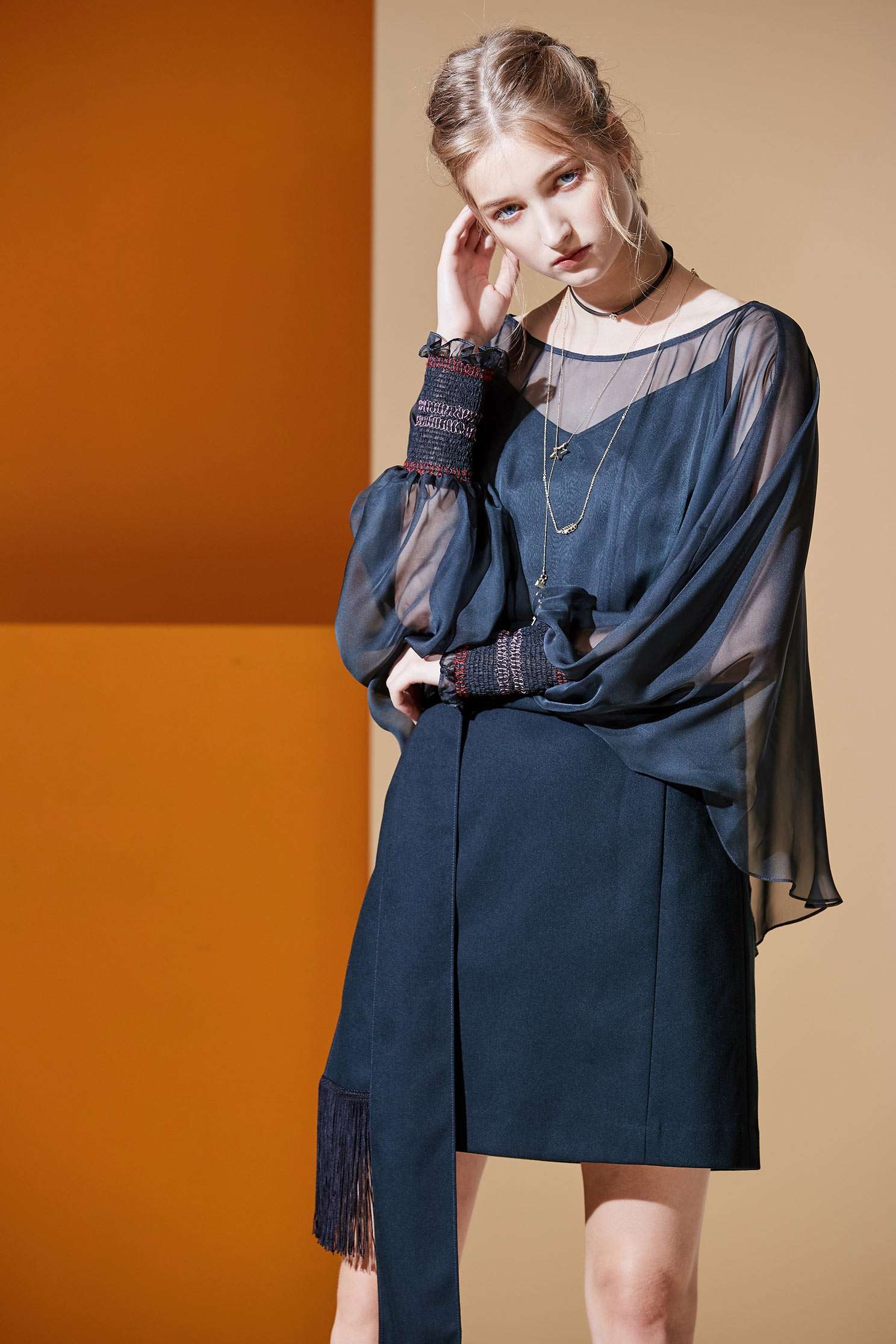 Ink-green tassal strap dress,dress,spaghettistrapdress,perspectivedress,longsleevedress
