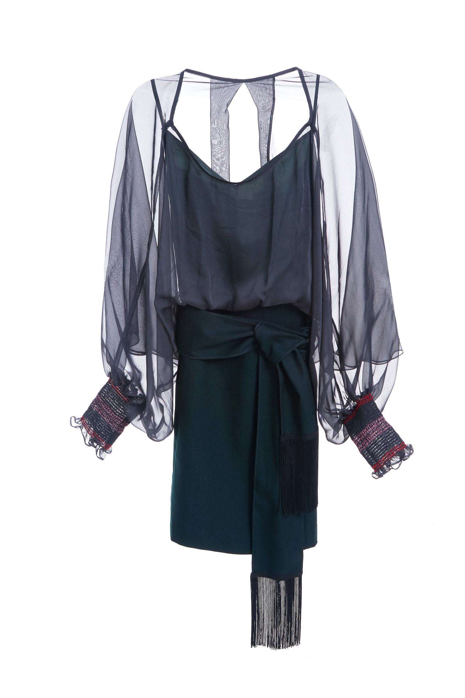 Ink-green tassal strap dress,dress,spaghettistrapdress,perspectivedress,longsleevedress
