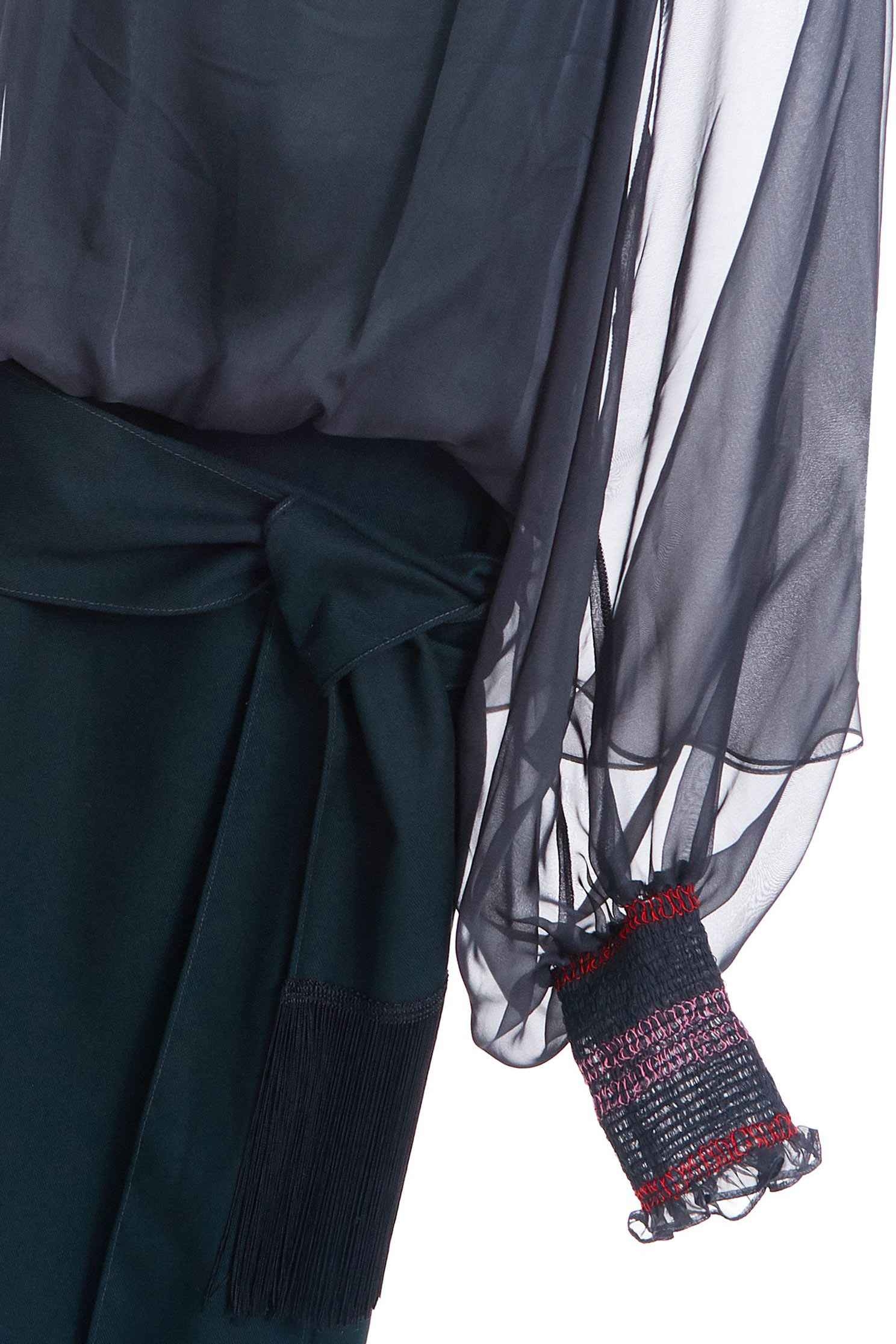 Ink-green tassal strap dress,dress,spaghettistrapdress,perspectivedress,longsleevedress
