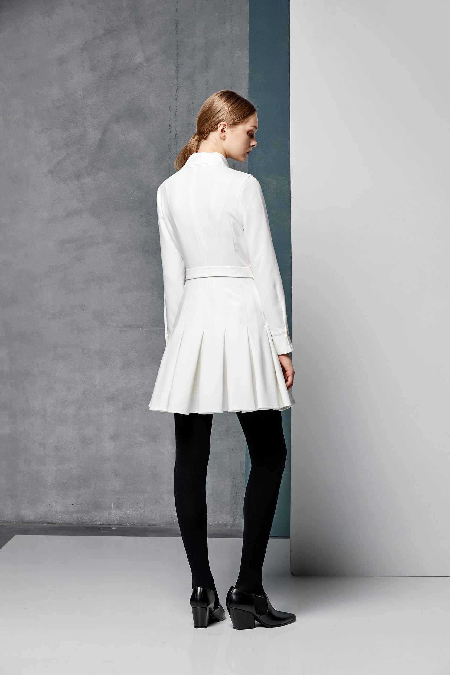 Elegant bow tie dress,dress,whitedress,pleats,pleatedskirt,longsleevedress