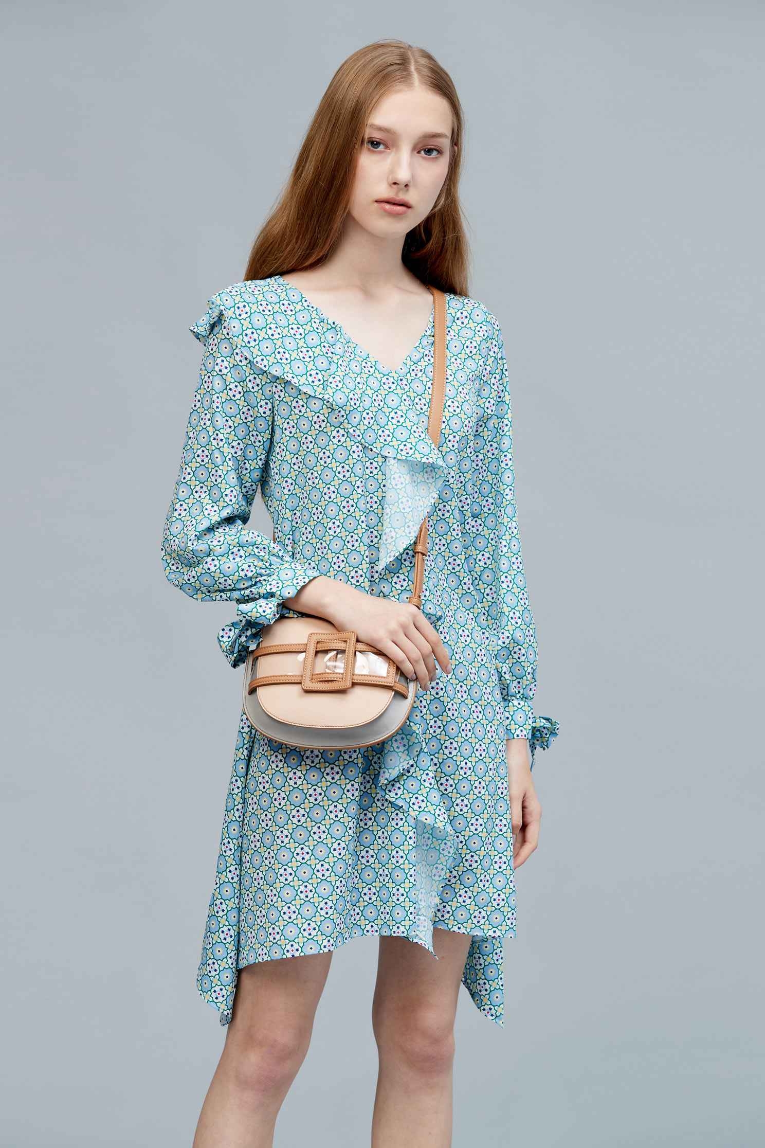 Vintage dot dress,v-neckdress,printeddress,longsleevedress