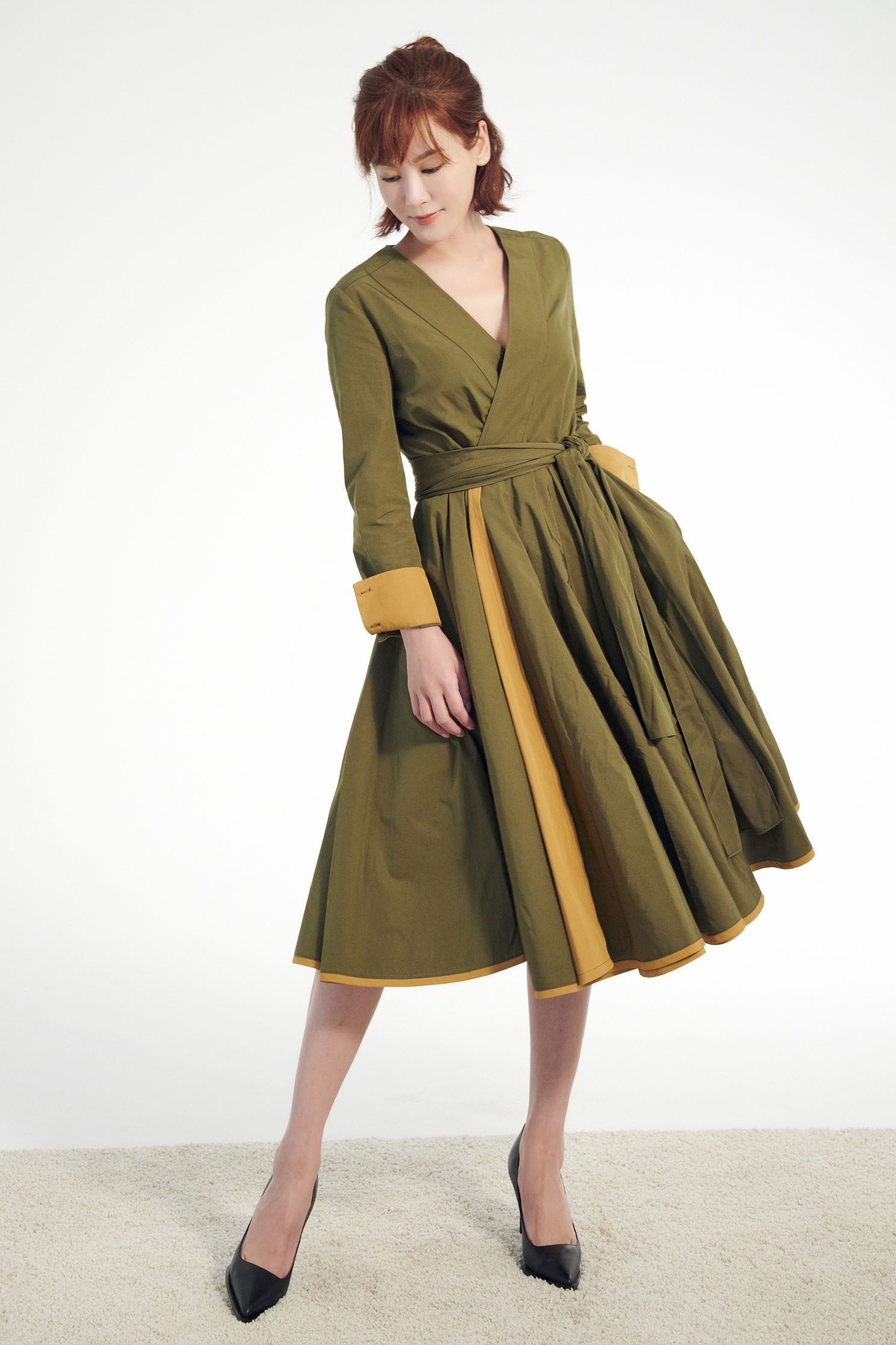 配色綁帶洋裝,v-neckdress,dress,valentine,longsleevedress
