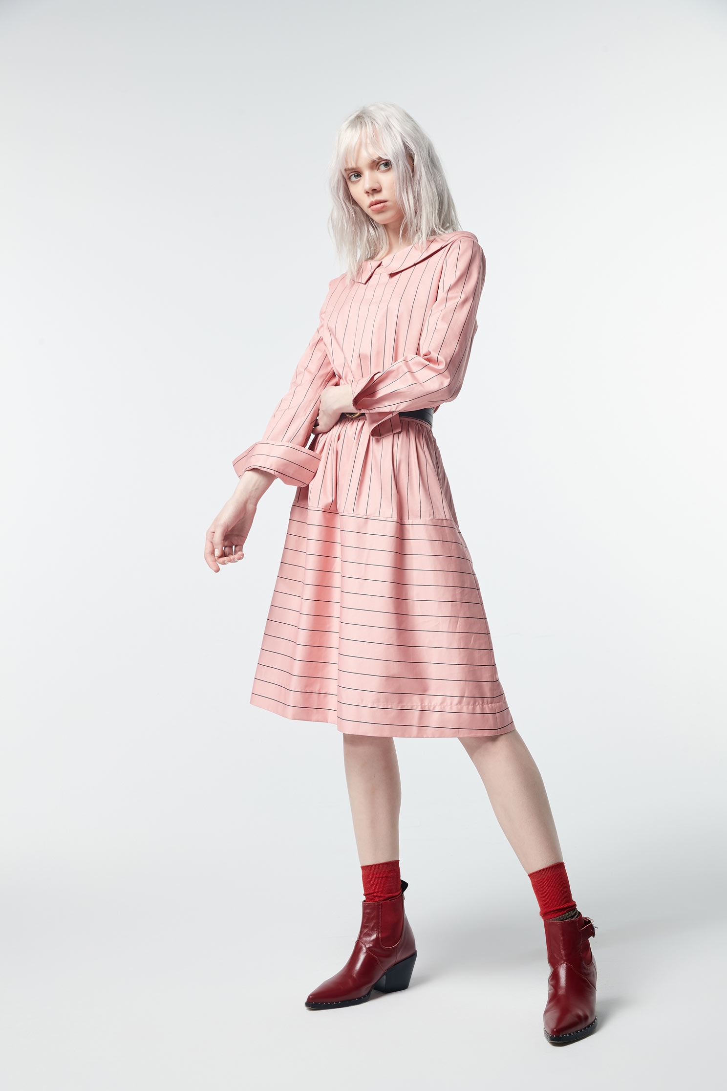 Striped large lapel long-sleeved dress,dress,valentine,i-select,onepiecedress,longsleevedress