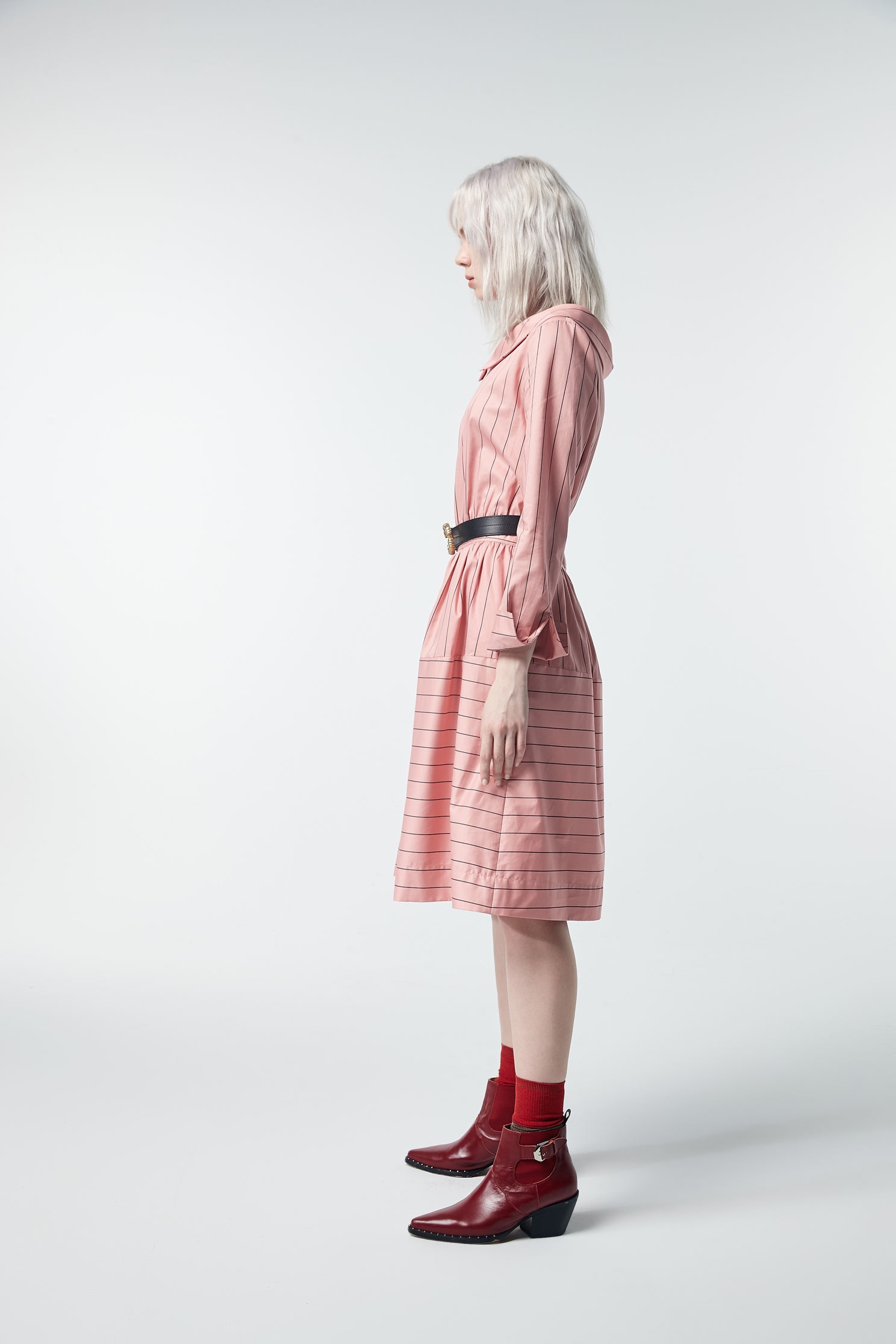 Striped large lapel long-sleeved dress,dress,valentine,i-select,onepiecedress,longsleevedress