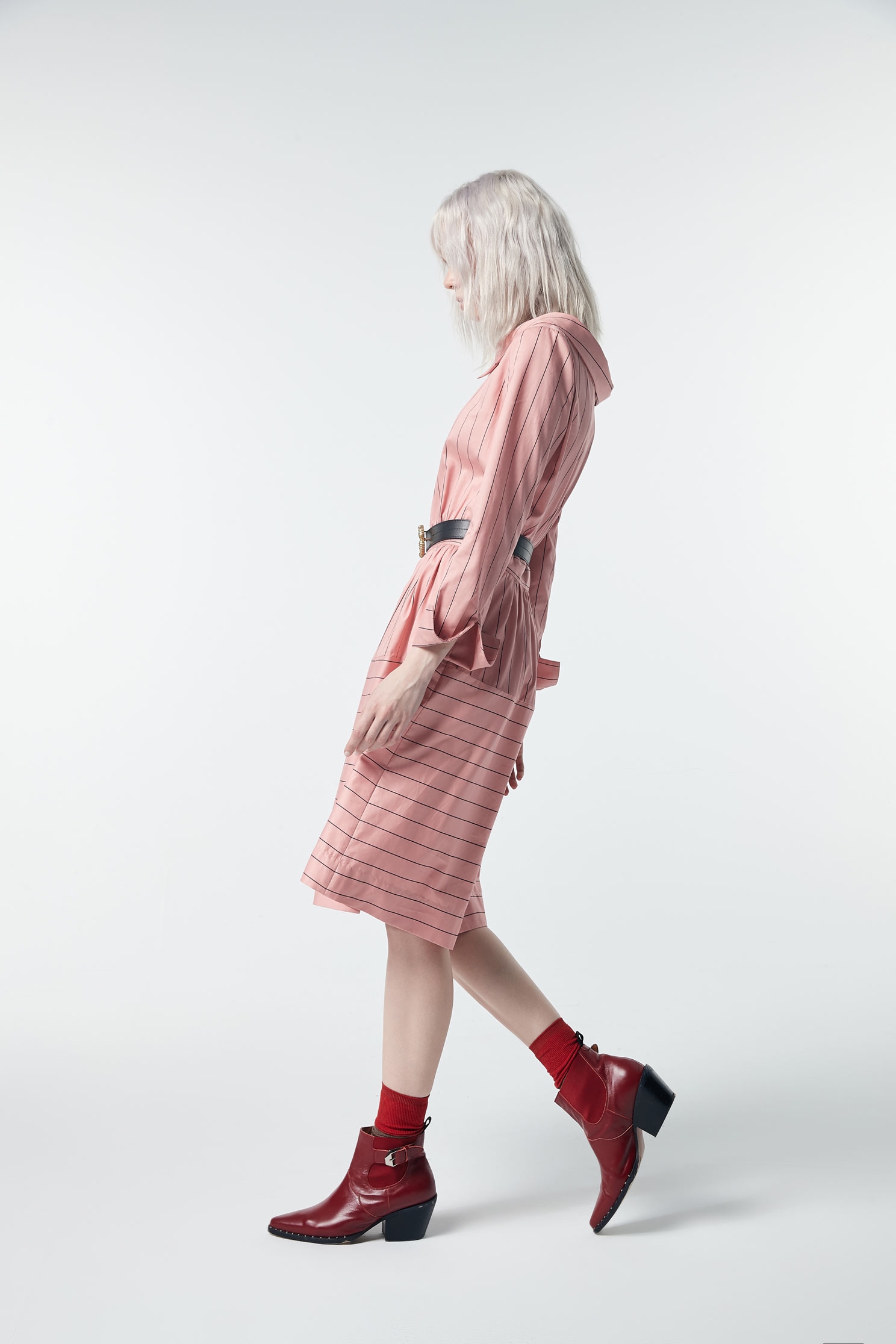 Striped large lapel long-sleeved dress,dress,valentine,i-select,onepiecedress,longsleevedress