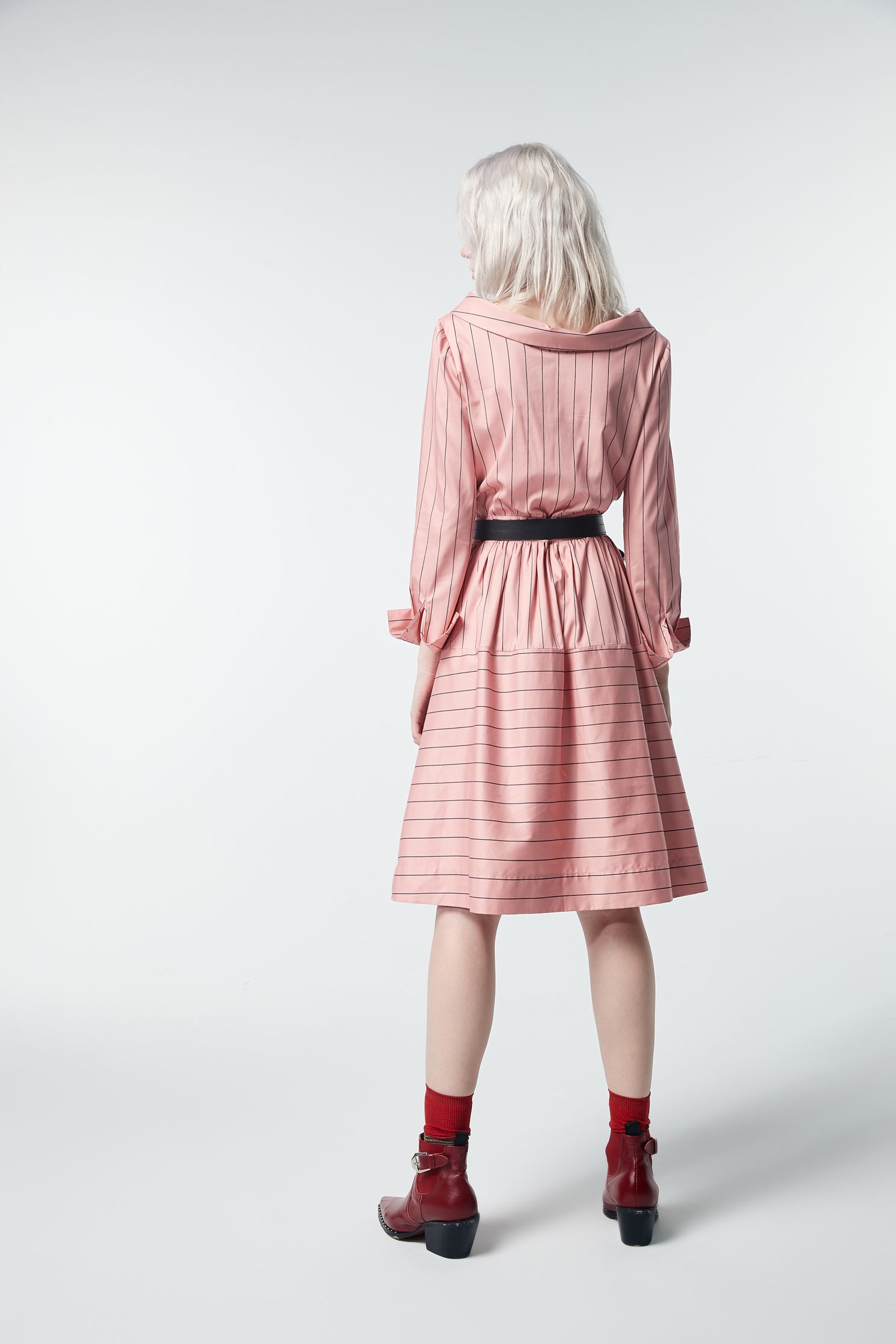 Striped large lapel long-sleeved dress,dress,valentine,i-select,onepiecedress,longsleevedress