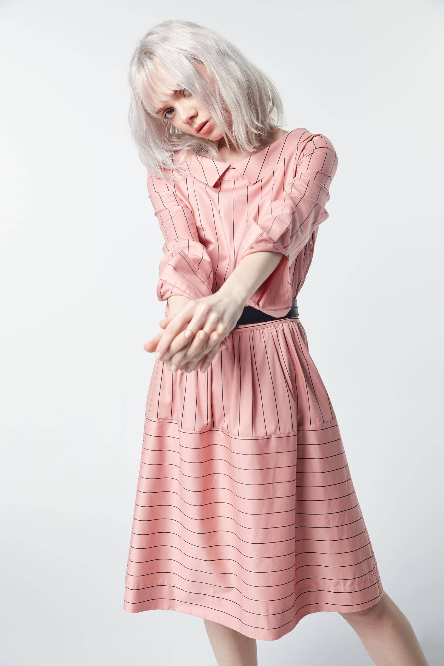 Striped large lapel long-sleeved dress,dress,valentine,i-select,onepiecedress,longsleevedress
