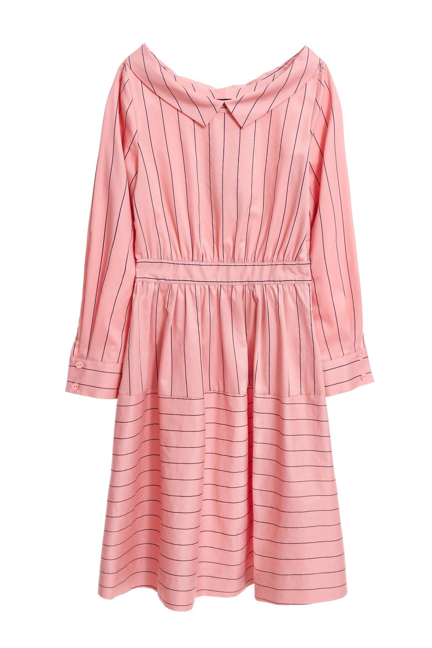 Striped large lapel long-sleeved dress,dress,valentine,i-select,onepiecedress,longsleevedress