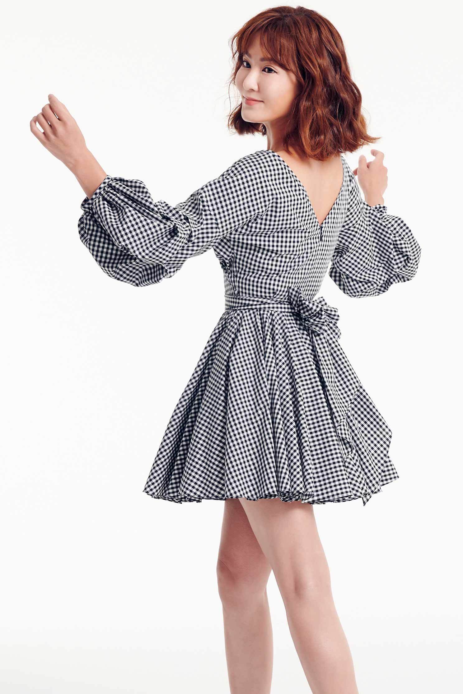 Puff sleeves plaid dress,v-neckdress,dress,earthsigns,onlinelimitededition,cotton,onepiecedress