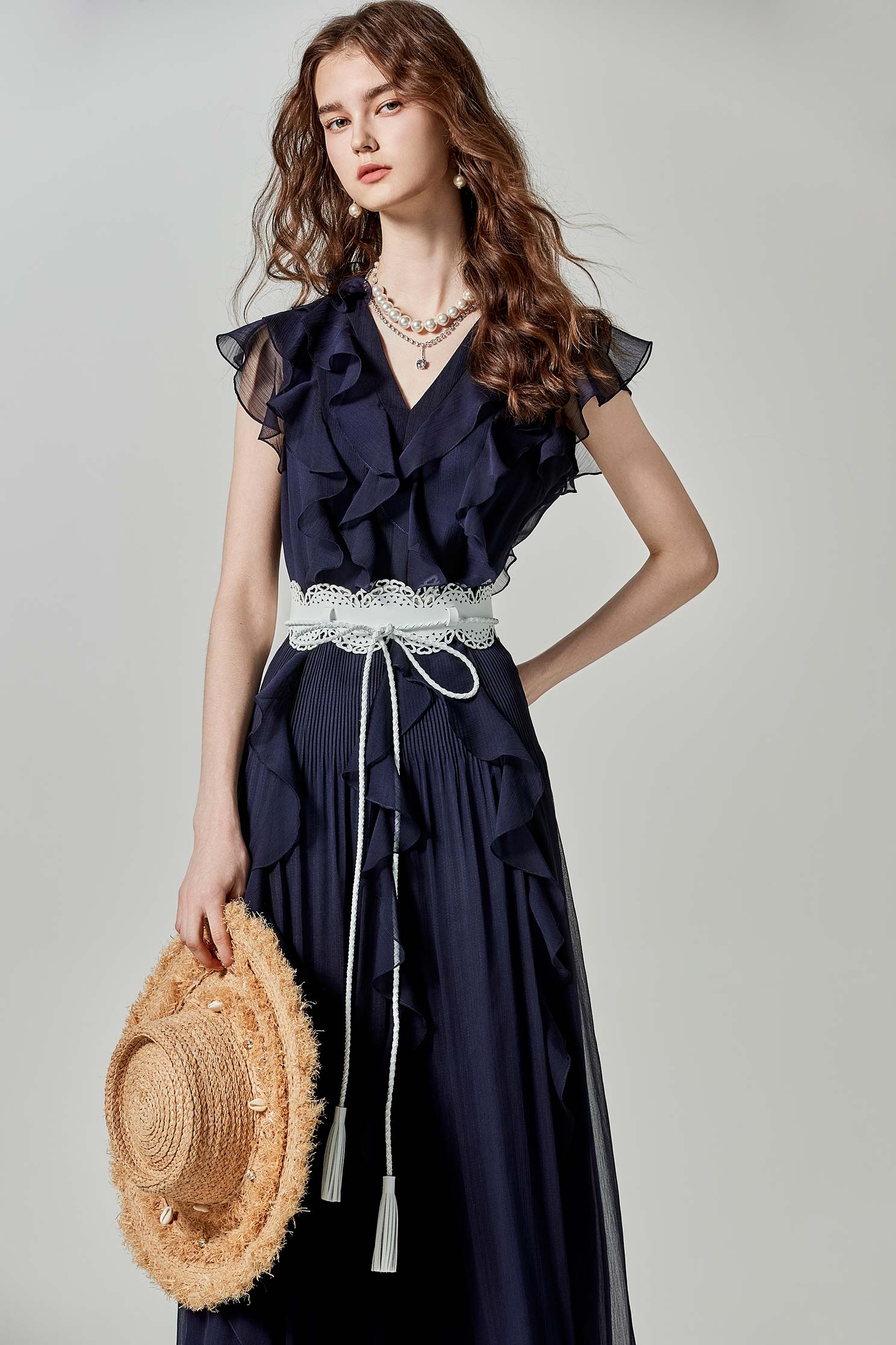 大洋藍細紋雪紡禮服洋裝大洋藍細紋雪紡禮服洋裝,一般洋裝,春夏穿搭,條紋,荷葉,雪紡