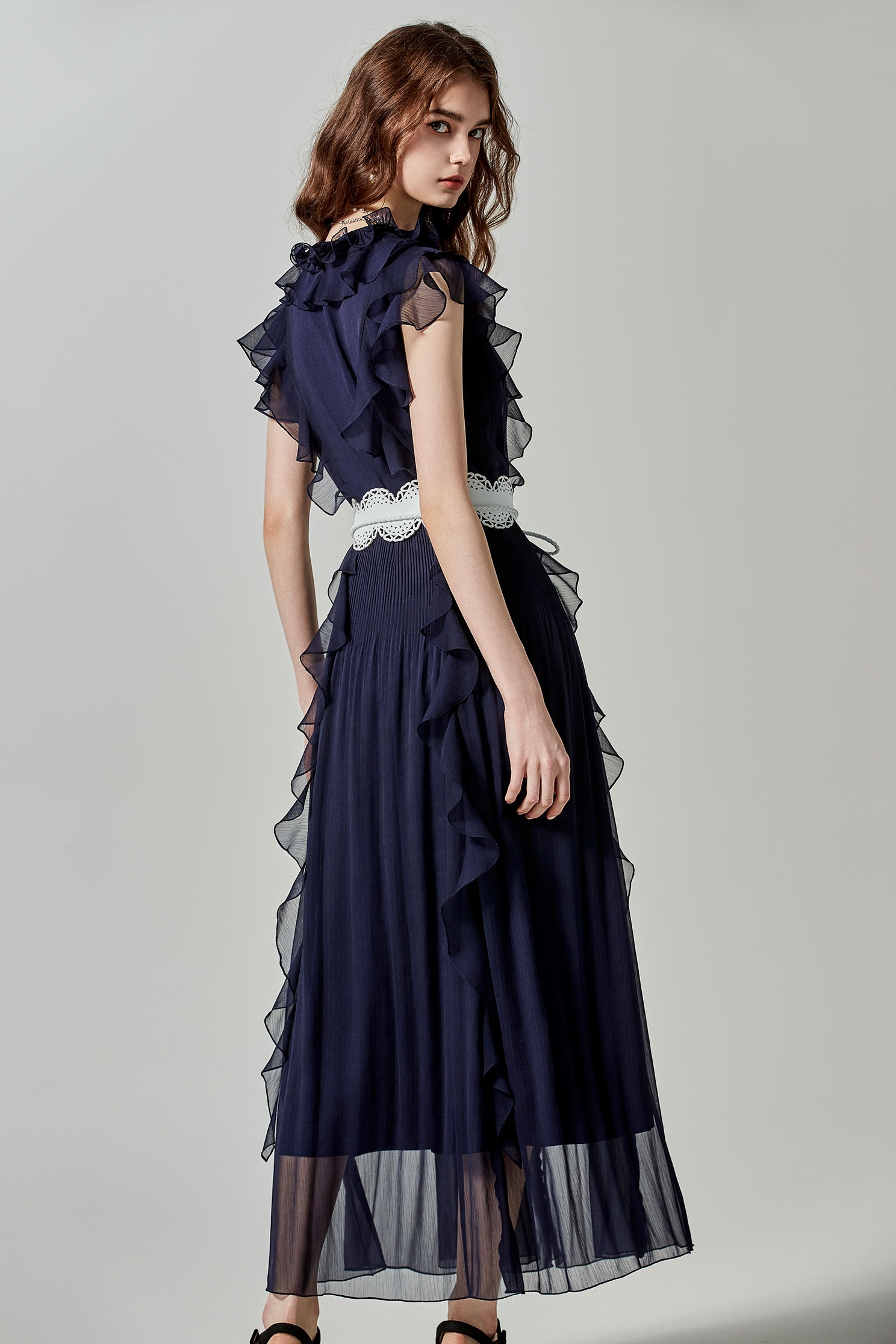 大洋藍細紋雪紡禮服洋裝大洋藍細紋雪紡禮服洋裝,一般洋裝,春夏穿搭,條紋,荷葉,雪紡