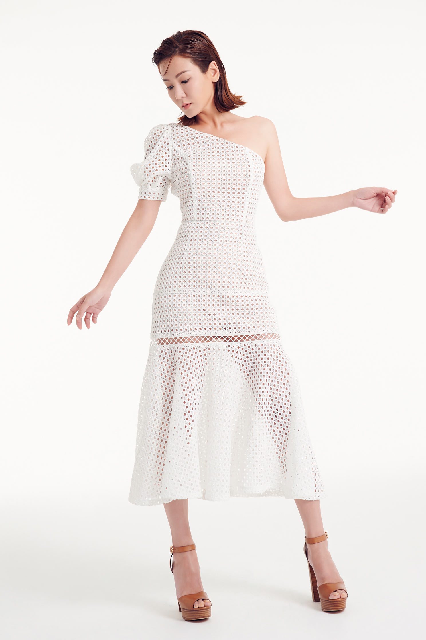Net hole one-shoulder fishtail dress,dress,onlinelimitededition,longdress