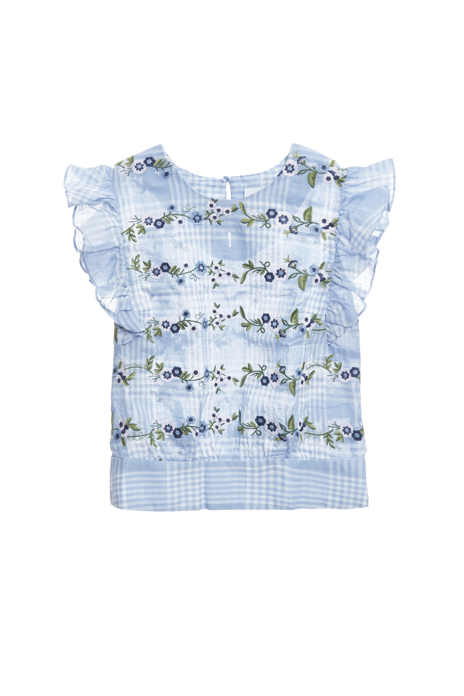 幻藍色格紋佐繡花卉上衣幻藍色格紋佐繡花卉上衣,一般背心,一般背心馬甲,上衣,刺繡,春夏穿搭,格紋,繡花,背心,荷葉