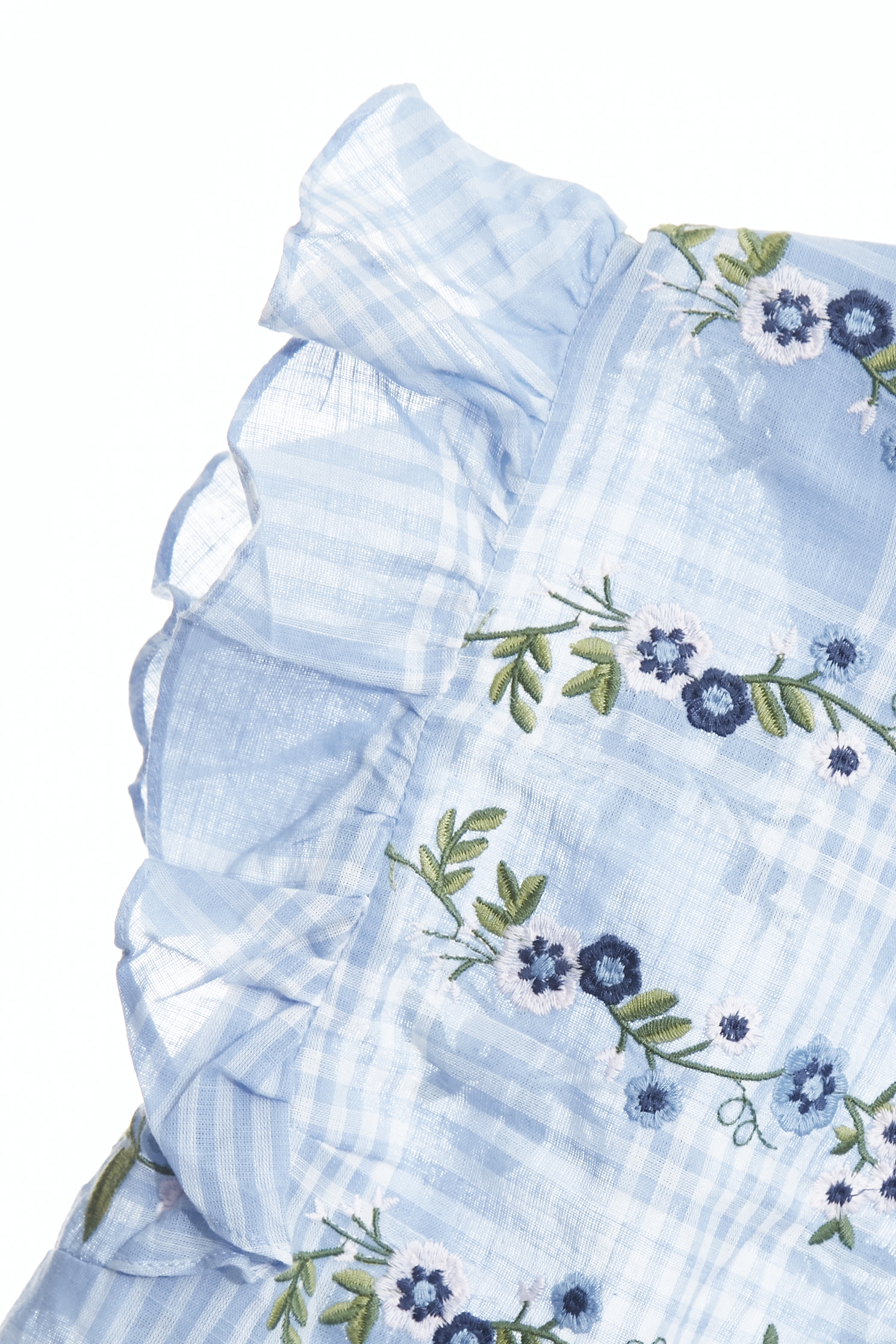 幻藍色格紋佐繡花卉上衣幻藍色格紋佐繡花卉上衣,一般背心,一般背心馬甲,上衣,刺繡,春夏穿搭,格紋,繡花,背心,荷葉