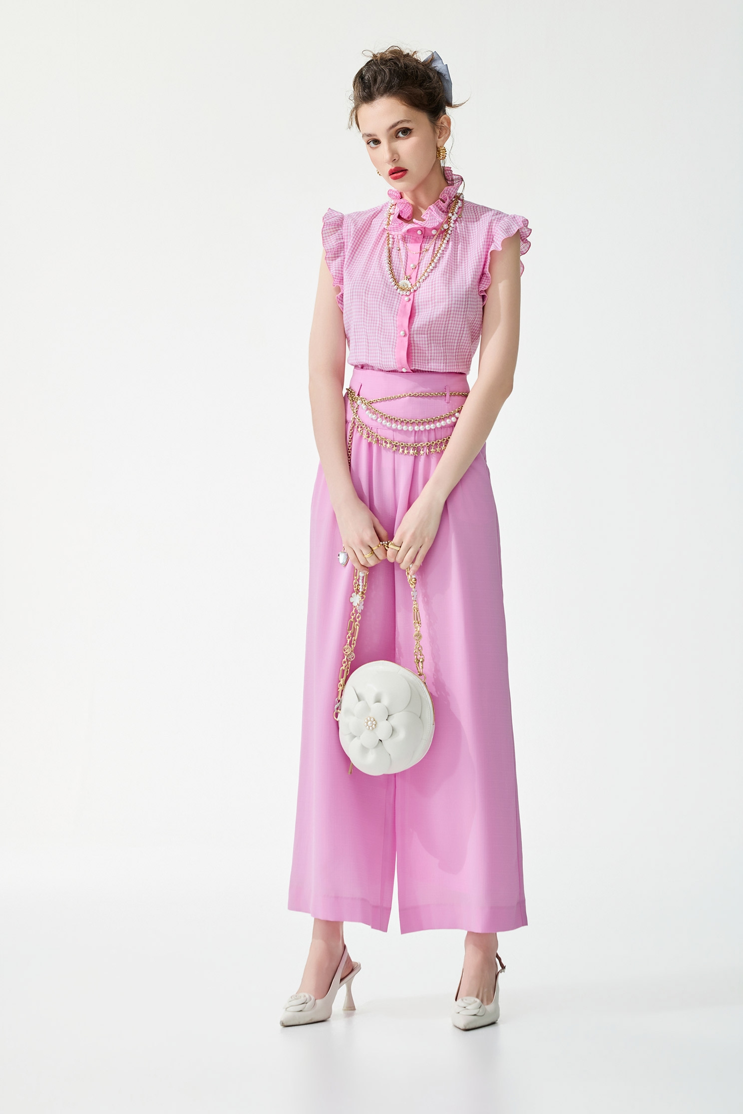 電光紫粉色細格紋上衣電光紫粉色細格紋上衣,一般背心,一般背心馬甲,上衣,春夏穿搭,格紋,珍珠,背心,荷葉,蕾絲