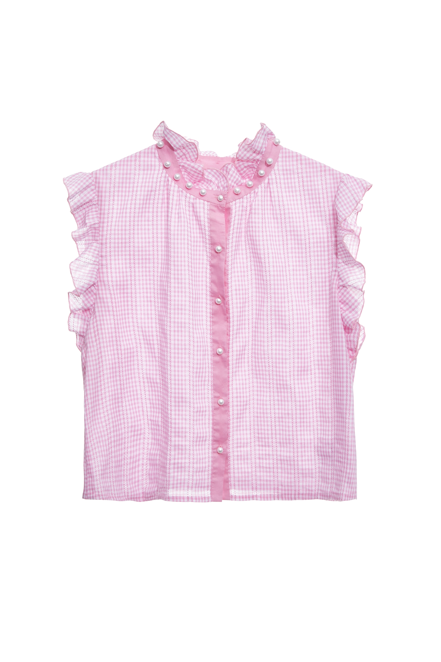 電光紫粉色細格紋上衣電光紫粉色細格紋上衣,一般背心,一般背心馬甲,上衣,春夏穿搭,格紋,珍珠,背心,荷葉,蕾絲