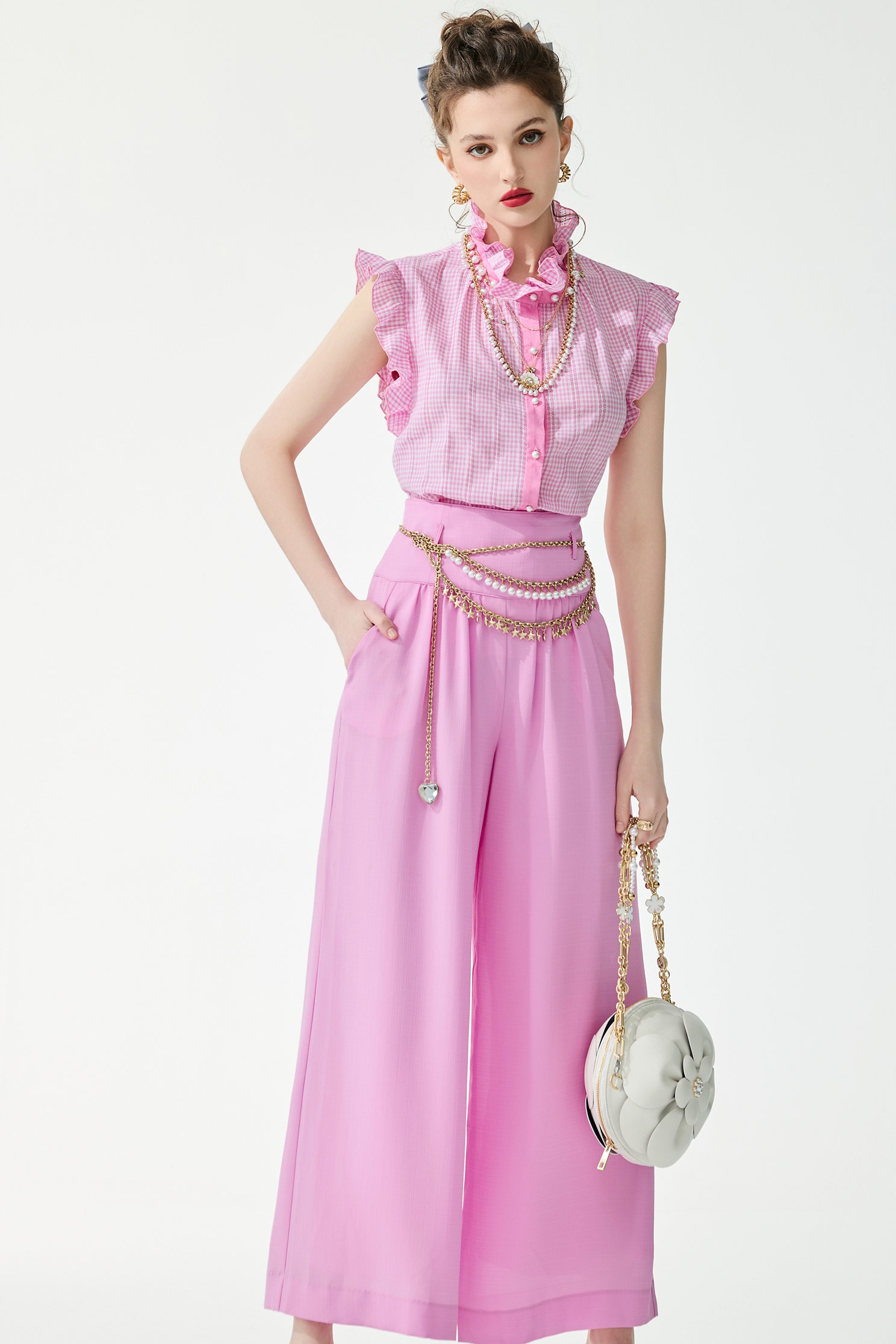 電光紫粉色細格紋上衣電光紫粉色細格紋上衣,一般背心,一般背心馬甲,上衣,春夏穿搭,格紋,珍珠,背心,荷葉,蕾絲