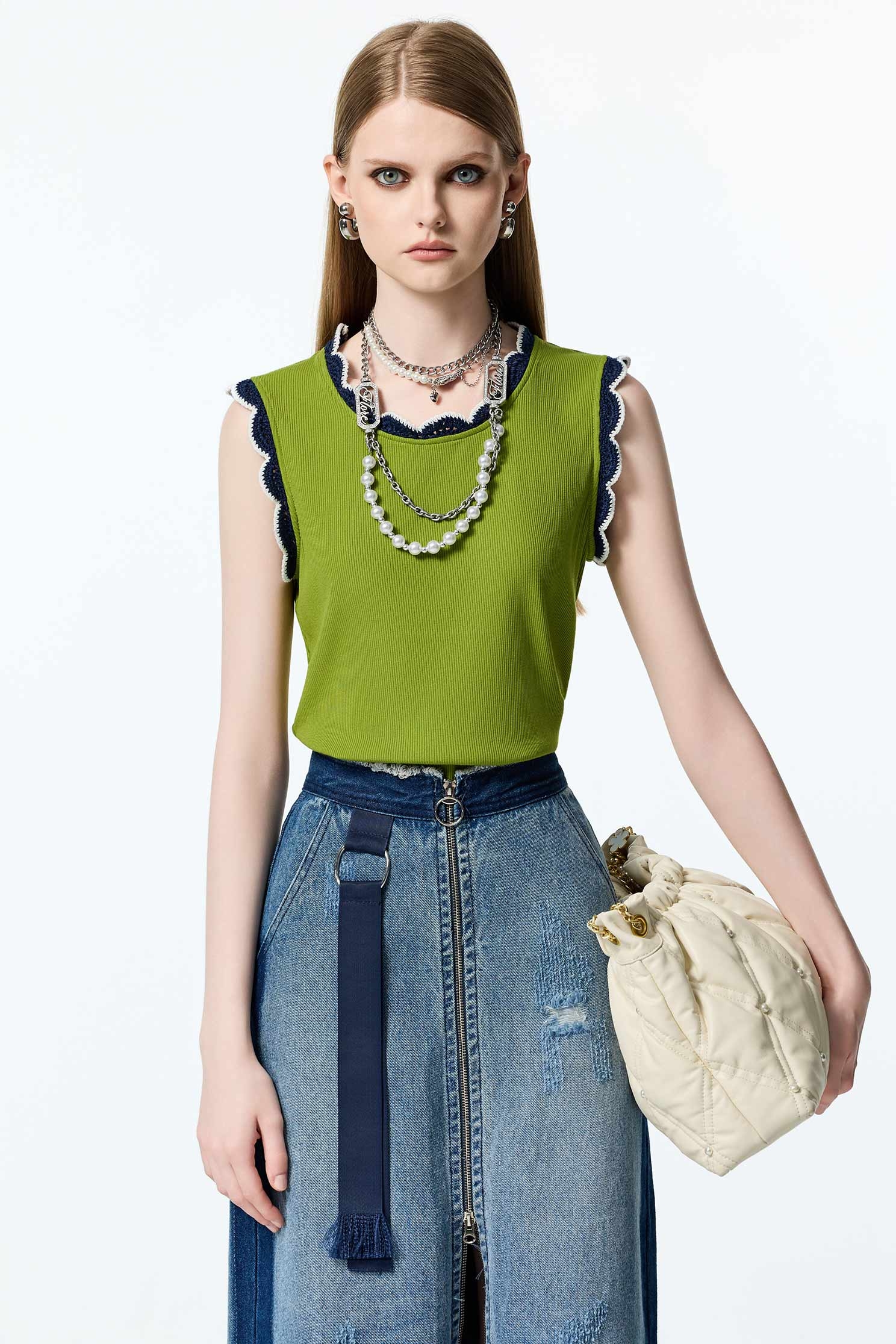 數字青檸色花辦邊背心數字青檸色花辦邊背心,一般背心,一般背心馬甲,上衣,秋冬穿搭,背心,針織,針織背心