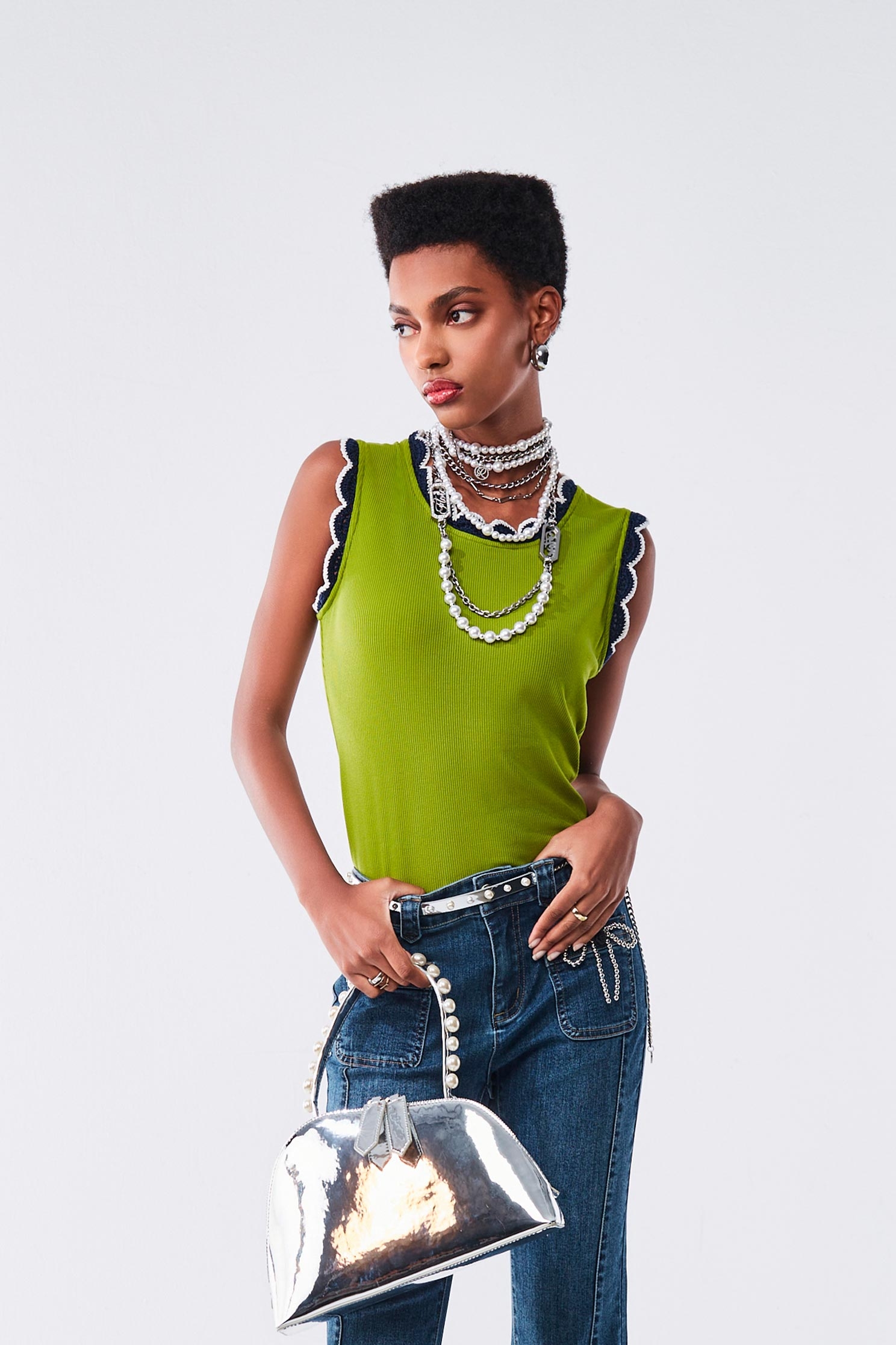 數字青檸色花辦邊背心數字青檸色花辦邊背心,一般背心,一般背心馬甲,上衣,秋冬穿搭,背心,針織,針織背心