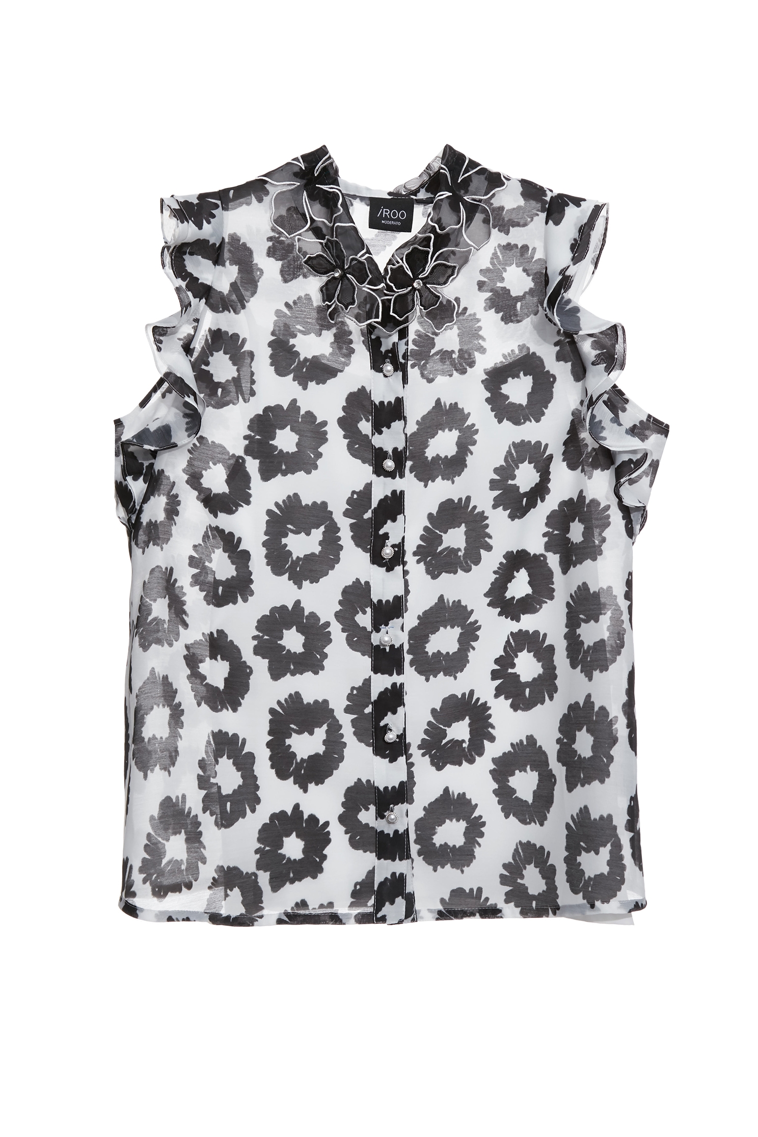 黑白手繪花荷葉背心上衣黑白手繪花荷葉背心上衣,一般背心,一般背心馬甲,上衣,時髦成套搭配,珍珠,秋冬穿搭,背心,荷葉