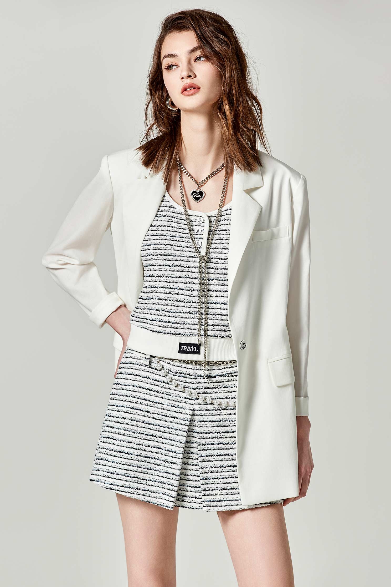 海軍藍條紋彈性花紗小背心海軍藍條紋彈性花紗小背心,一般背心,一般背心馬甲,春夏穿搭,時髦成套搭配,條紋,毛呢花呢,背心