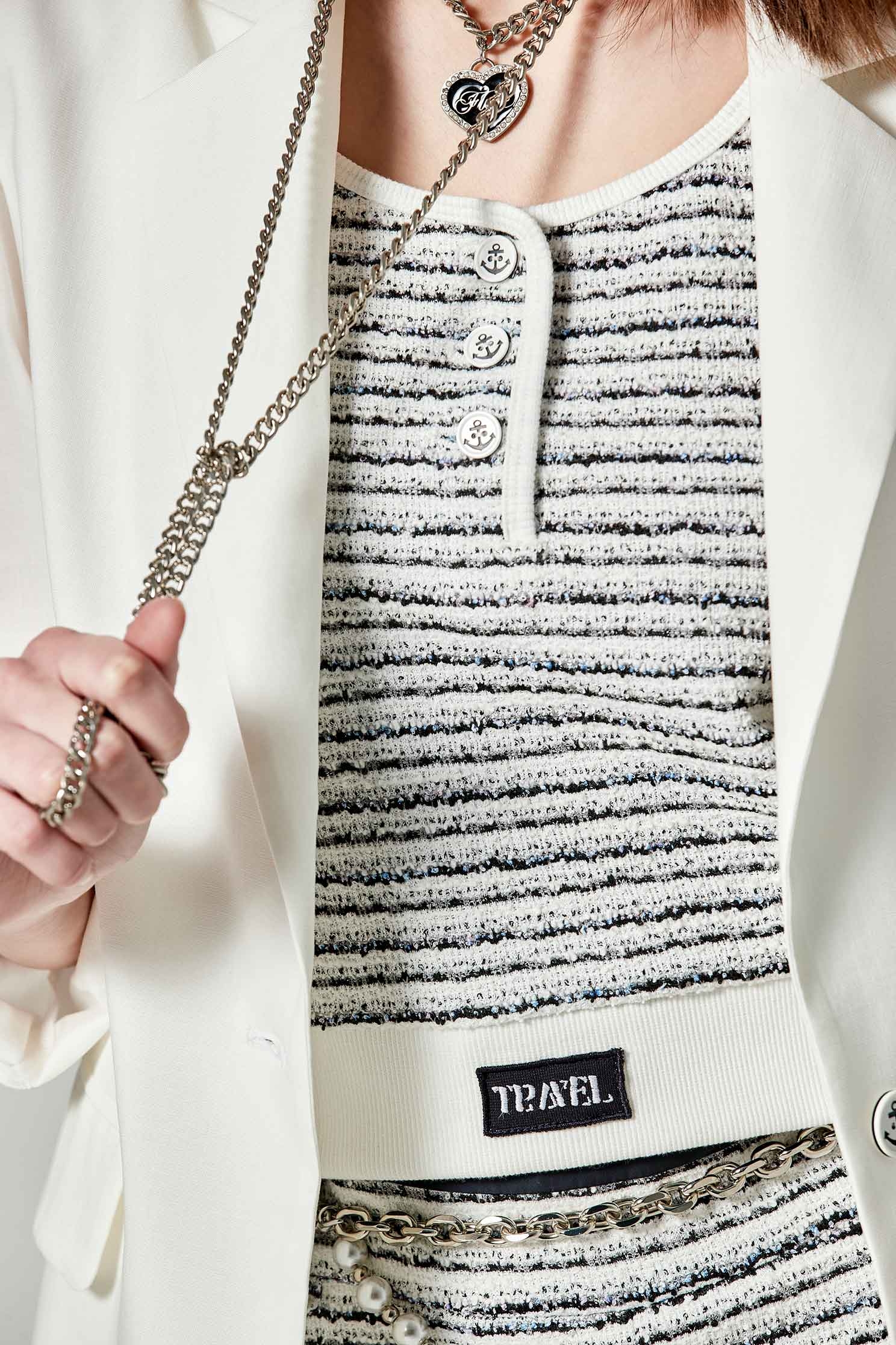 海軍藍條紋彈性花紗小背心海軍藍條紋彈性花紗小背心,一般背心,一般背心馬甲,春夏穿搭,時髦成套搭配,條紋,毛呢花呢,背心