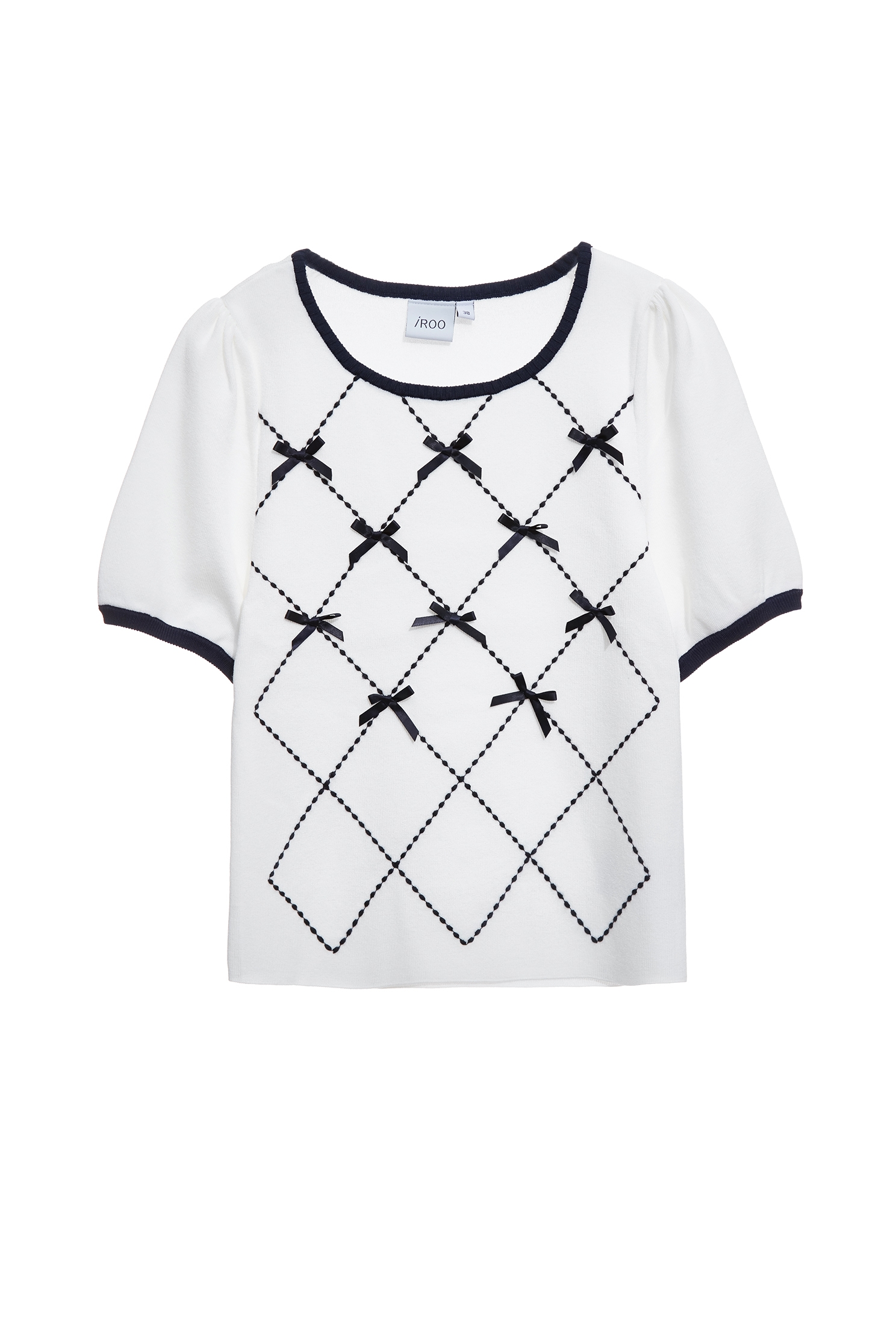 綴配色蝴蝶結針織上衣綴配色蝴蝶結針織上衣,上衣,刺繡,春夏穿搭,格紋,白色上衣,蝴蝶結,針織,針織衫