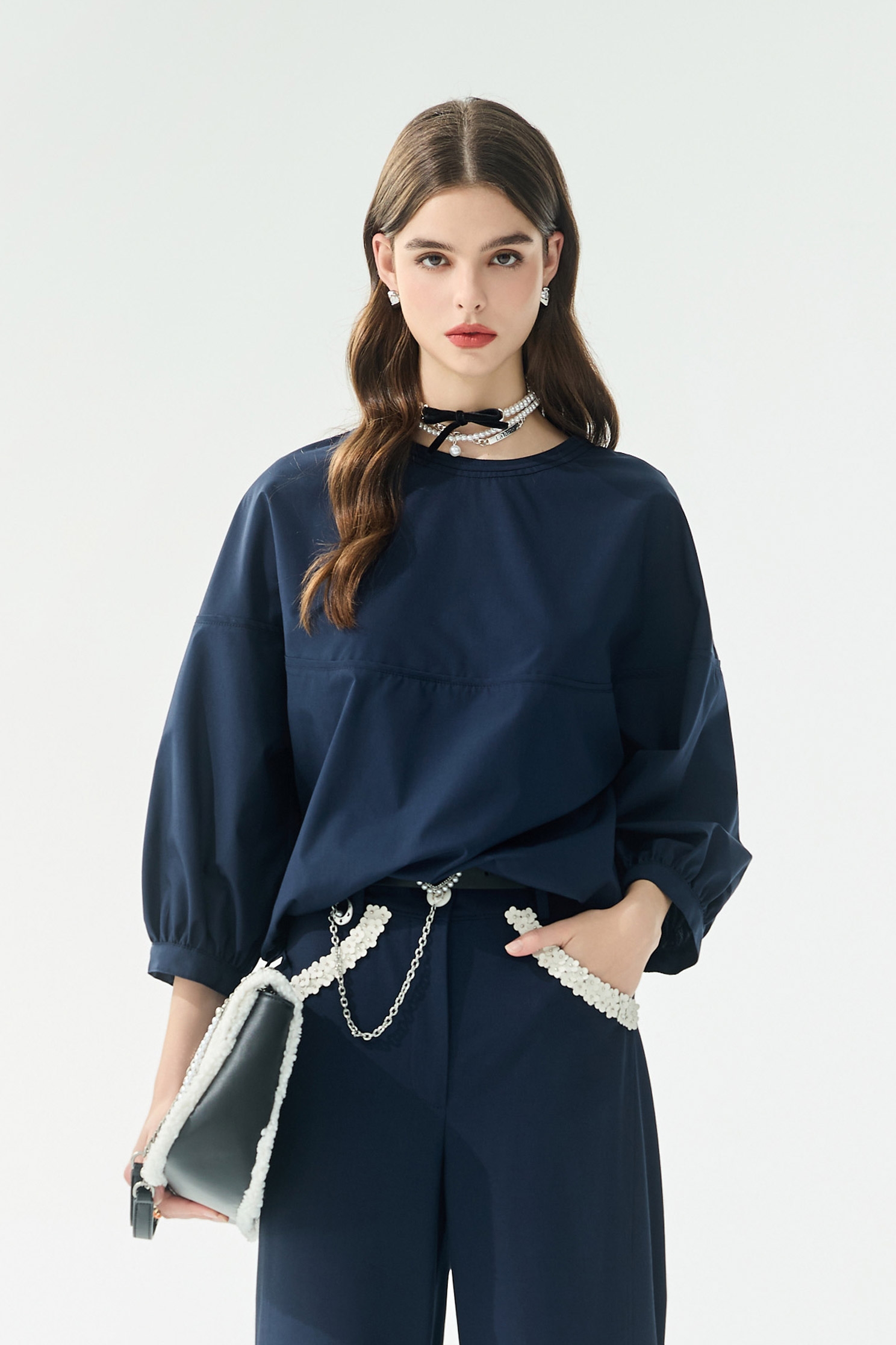 經典海軍藍花苞造型上衣經典海軍藍花苞造型上衣,上衣,春夏穿搭