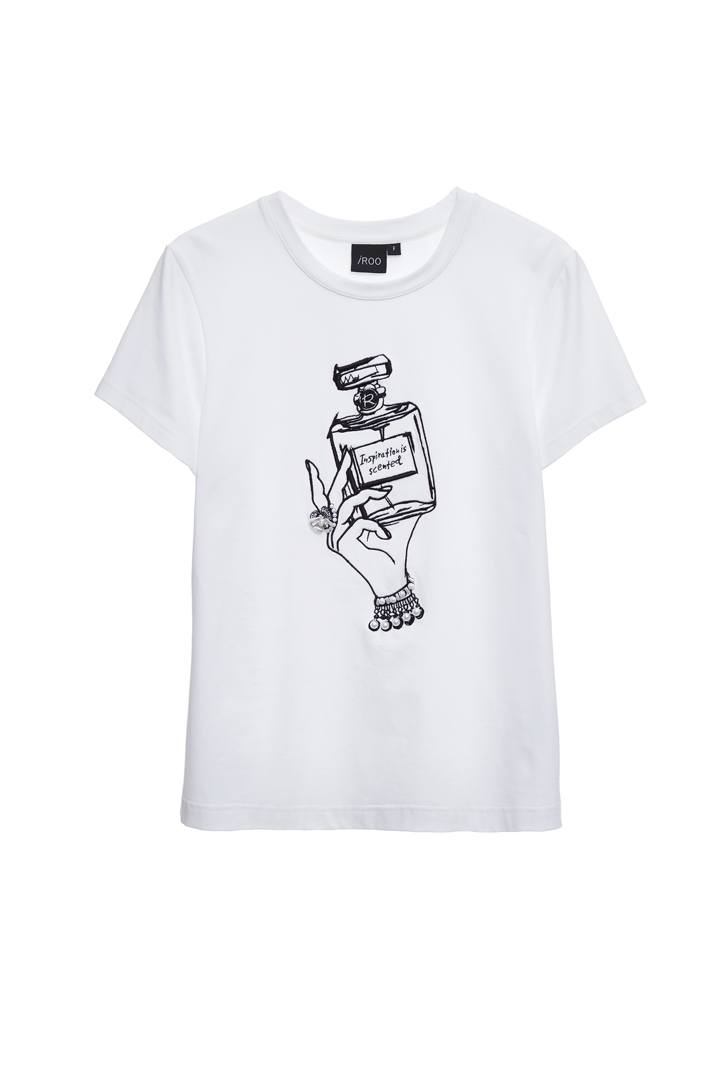 香水瓶繡花珍珠手工縫飾T恤香水瓶繡花珍珠手工縫飾T恤,上衣,人氣商品,春夏穿搭,珍珠,白色上衣,純棉,繡花,黑色上衣