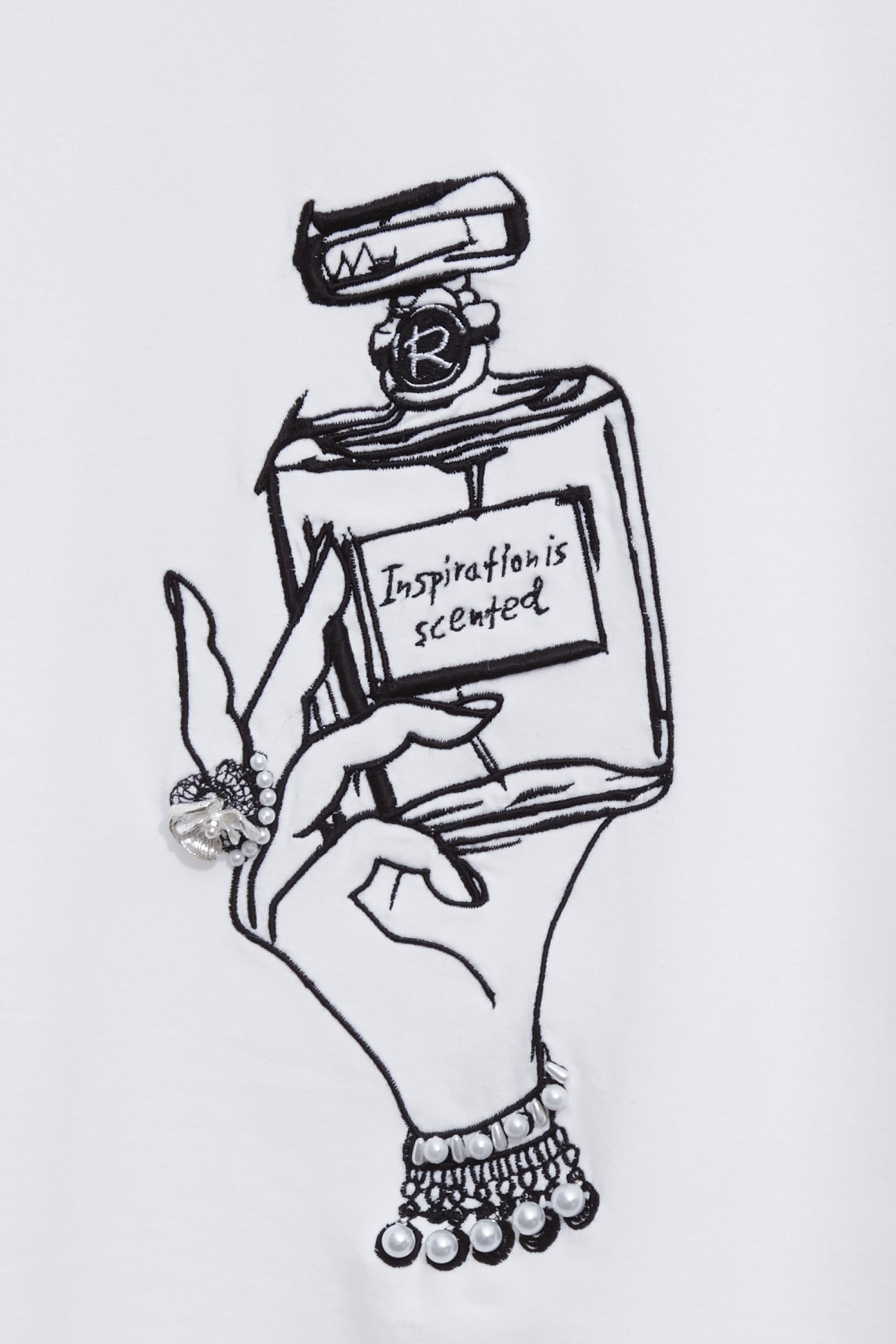 香水瓶繡花珍珠手工縫飾T恤香水瓶繡花珍珠手工縫飾T恤,上衣,人氣商品,春夏穿搭,珍珠,白色上衣,純棉,繡花,黑色上衣