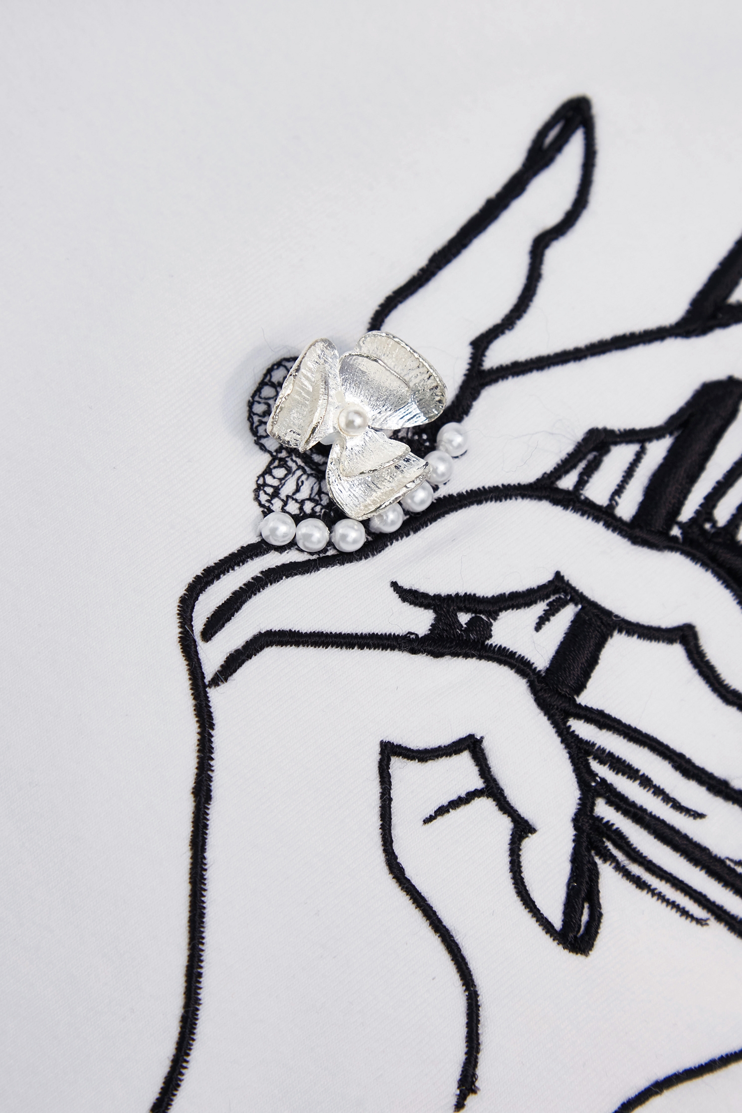 香水瓶繡花珍珠手工縫飾T恤香水瓶繡花珍珠手工縫飾T恤,上衣,人氣商品,春夏穿搭,珍珠,白色上衣,純棉,繡花,黑色上衣