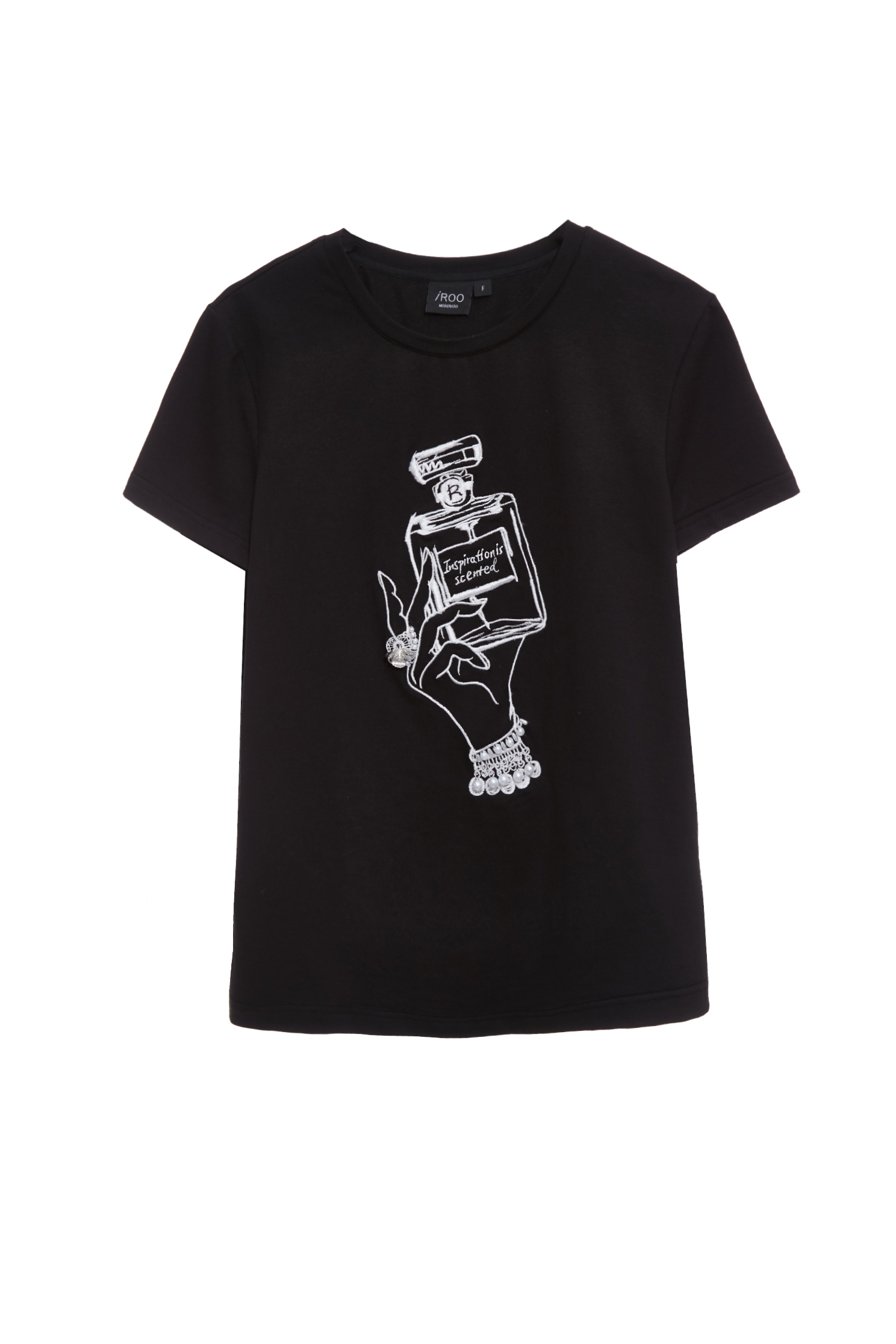 香水瓶繡花珍珠手工縫飾T恤香水瓶繡花珍珠手工縫飾T恤,上衣,人氣商品,春夏穿搭,珍珠,白色上衣,純棉,繡花,黑色上衣