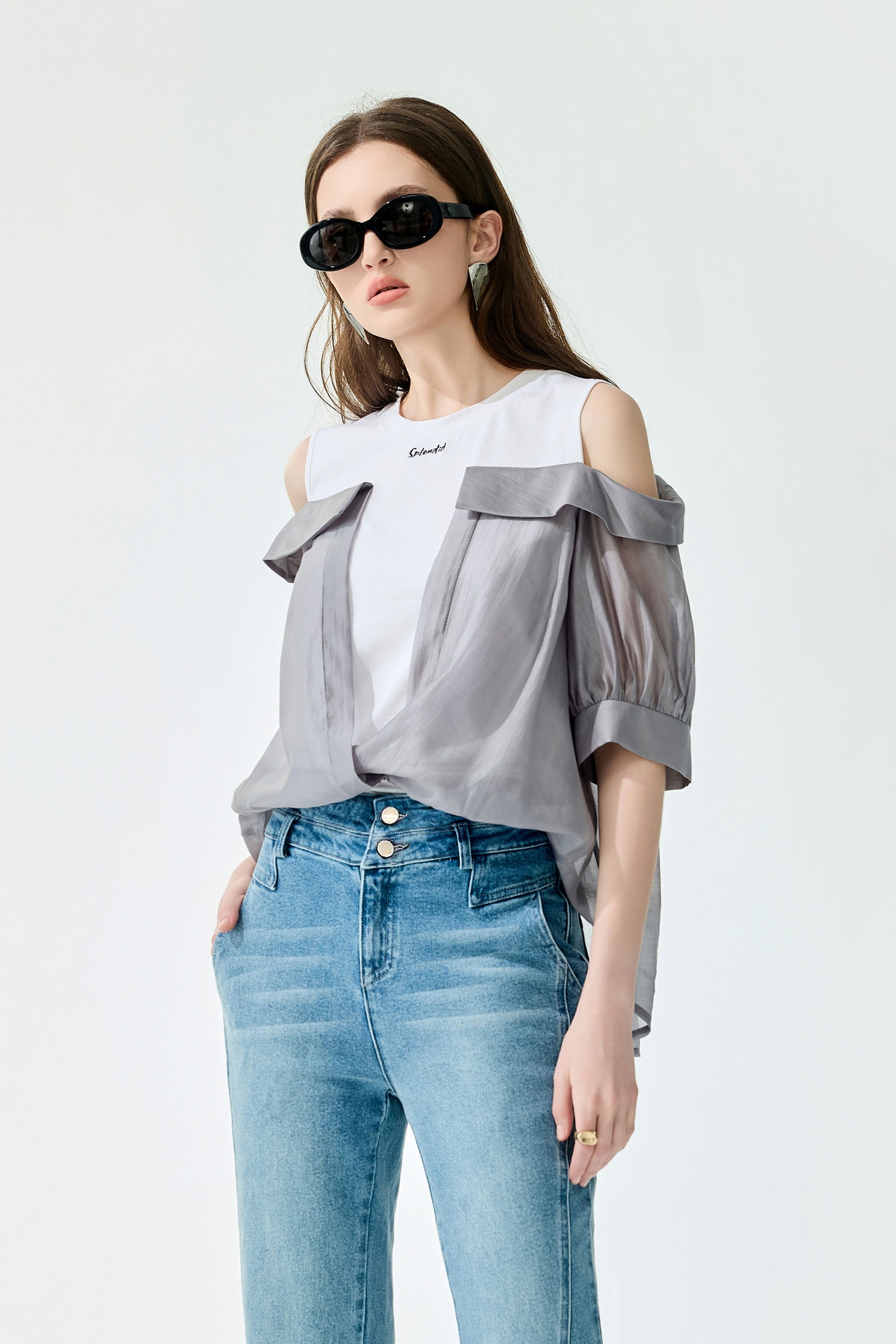 數字霧灰絲棉偽兩件上衣數字霧灰絲棉偽兩件上衣,上衣,春夏穿搭,白色上衣