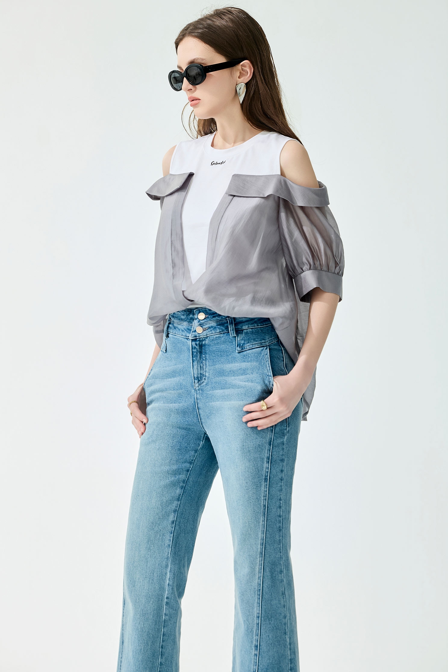 數字霧灰絲棉偽兩件上衣數字霧灰絲棉偽兩件上衣,上衣,春夏穿搭,白色上衣