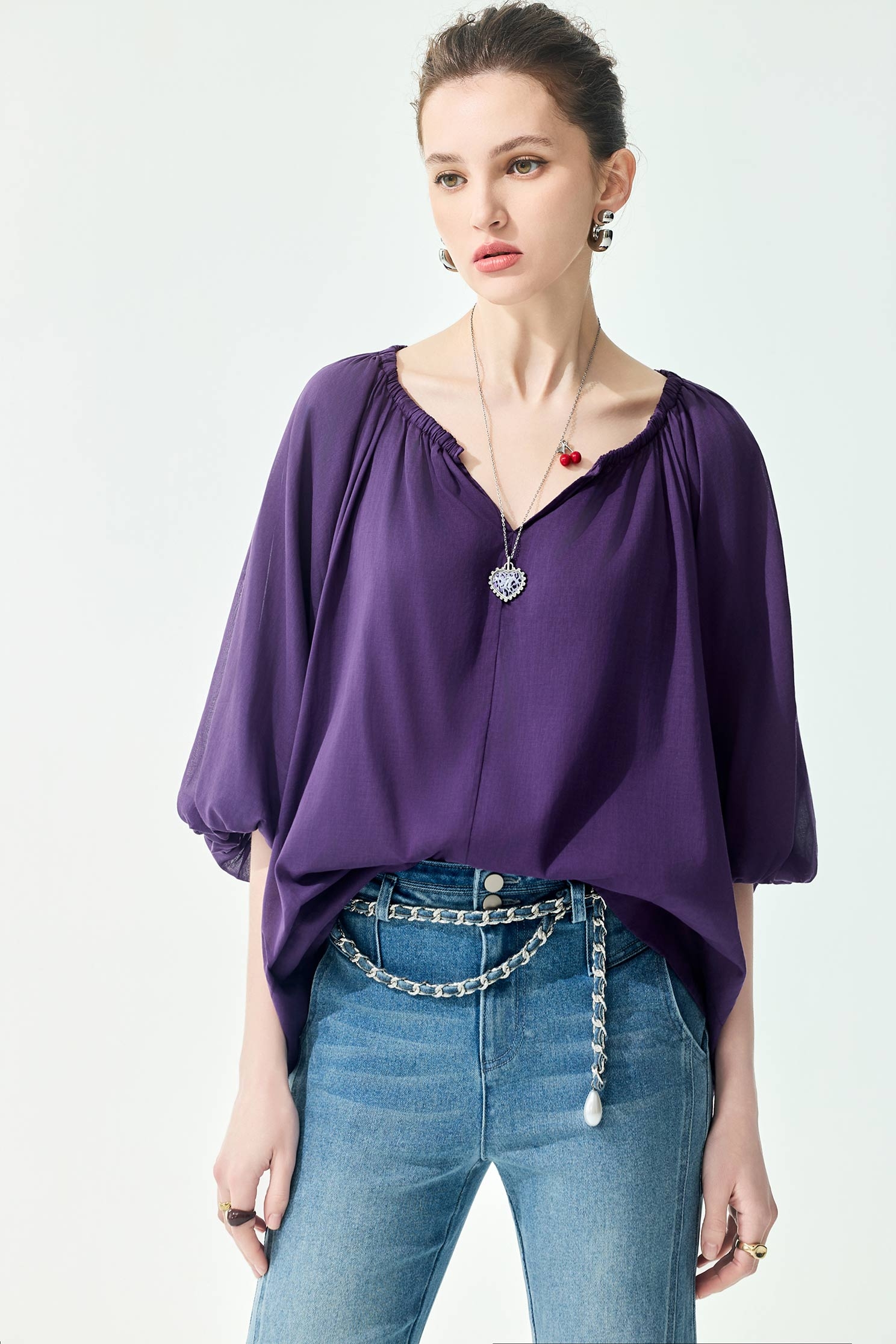 葡萄酒紫色燈籠袖上衣葡萄酒紫色燈籠袖上衣,上衣,春夏穿搭